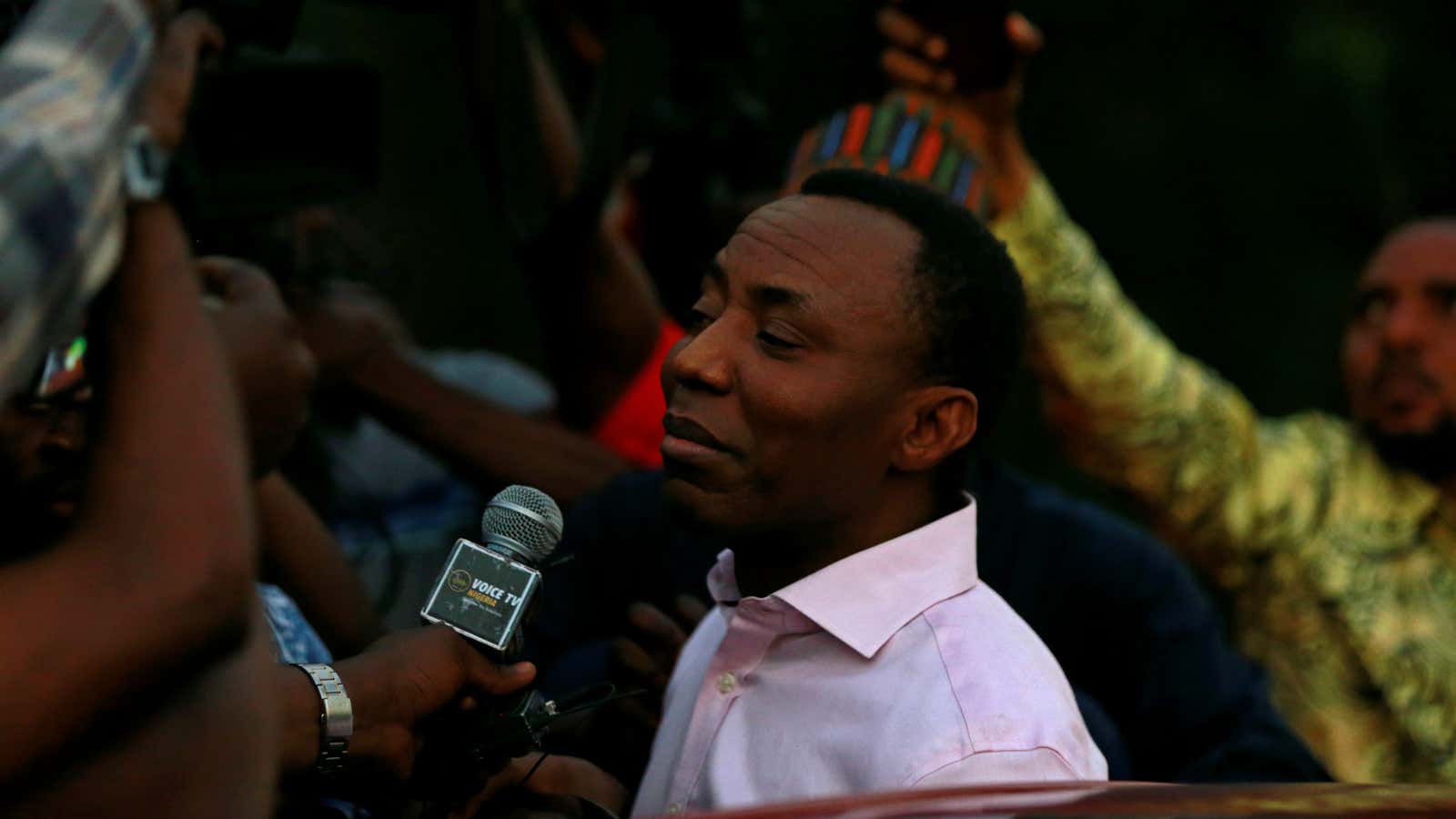 Former presidential candidate Omoyele Sowore talks to the media after being released on bail by Nigeria’s government, in Abuja, Nigeria Dec. 24, 2019.
