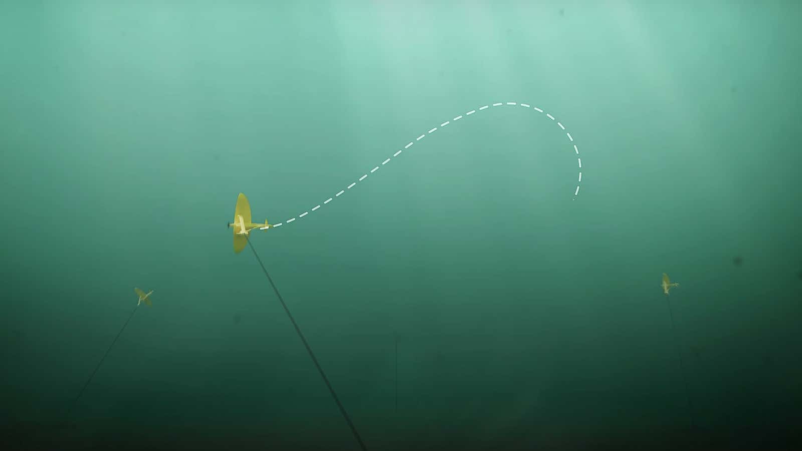 An illustration of a Minesto kite in action