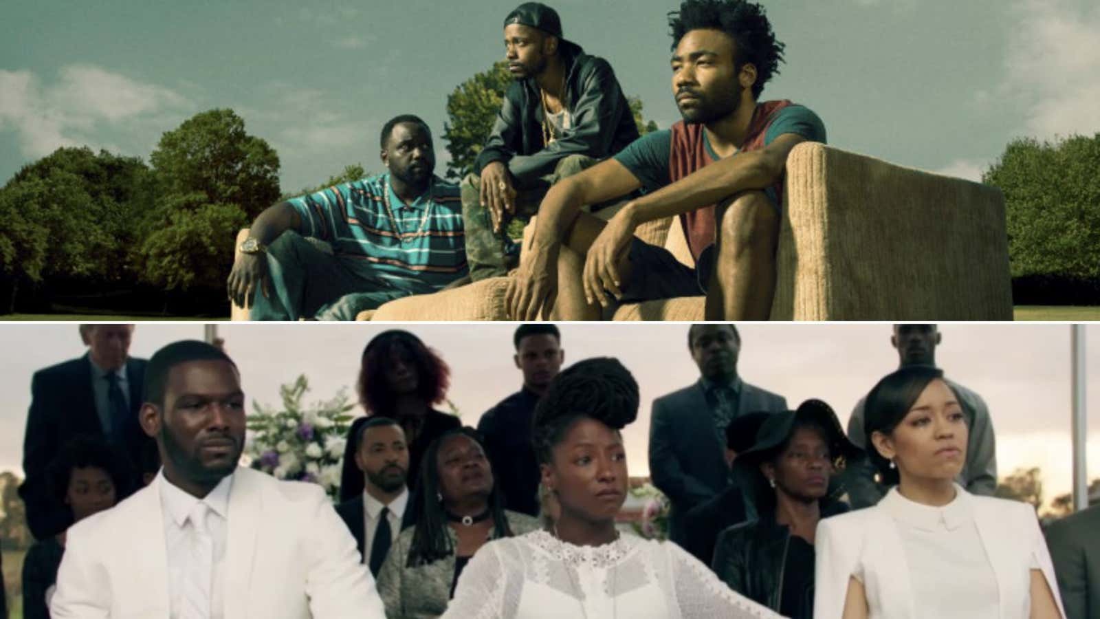 The casts of FX’s “Atlanta” (top) and OWN’s “Queen Sugar” (bottom).