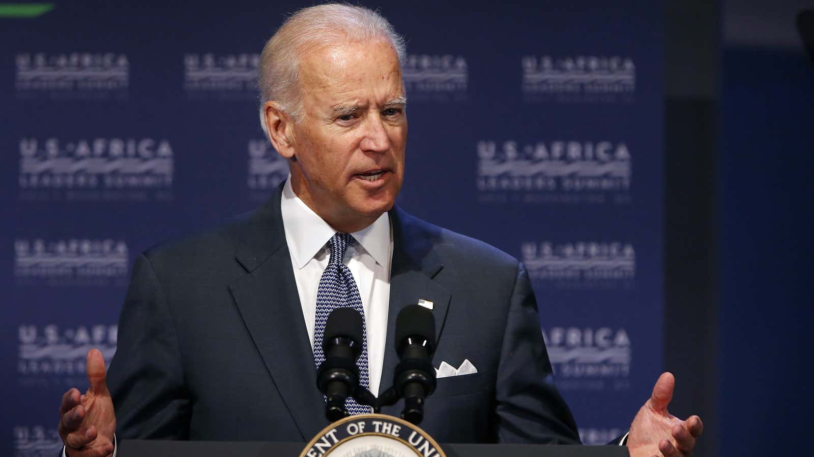 Then vice president Joe Biden addresses a civil society forum during the US-Africa Leaders Summit in Washington Aug. 4, 2014.