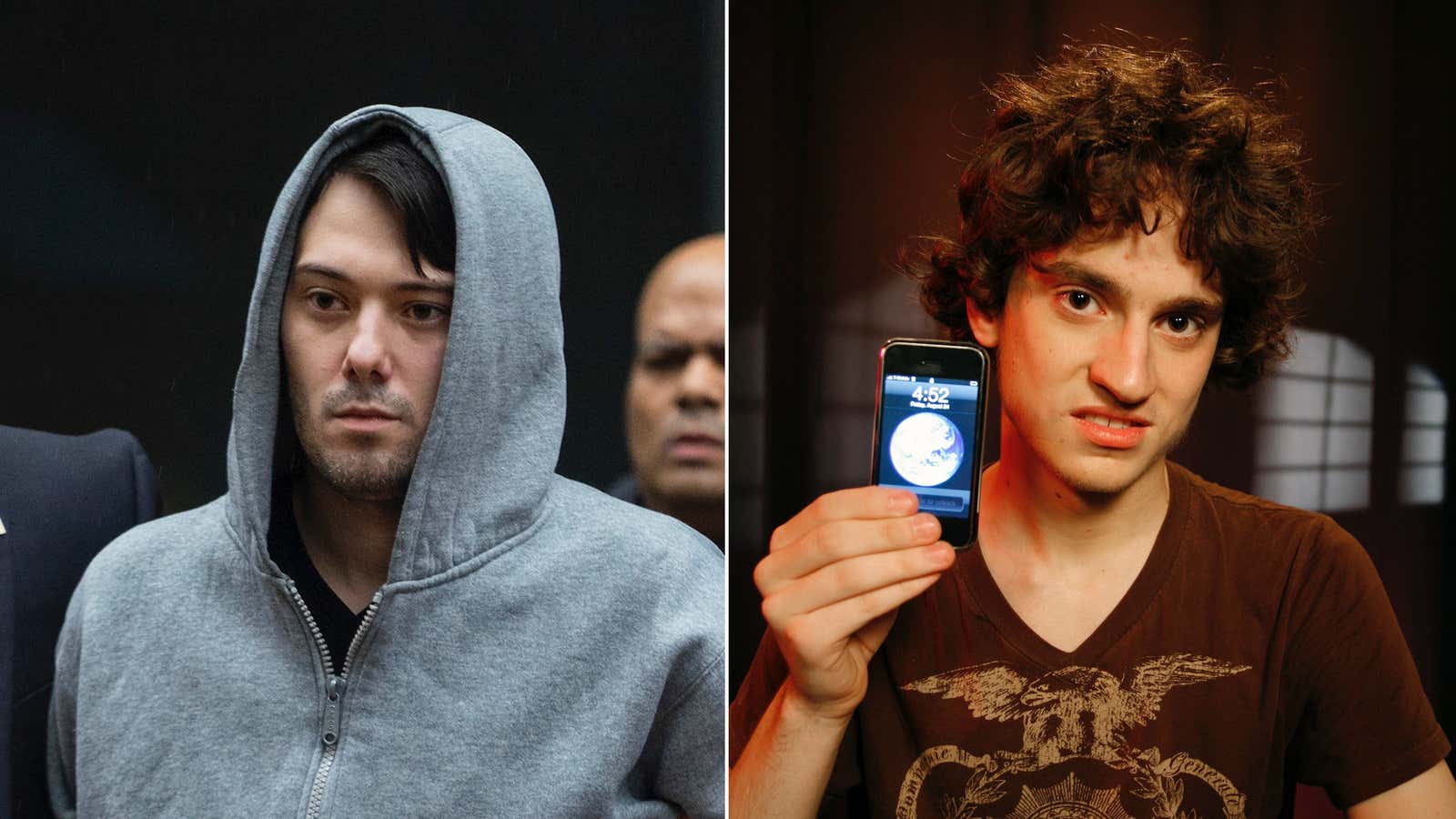 Martin Shkreli (left), on his arrest this week; George Hotz (right), in 2007, upon jailbreaking the iPhone.