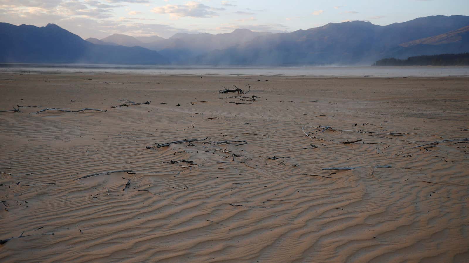 The dried up Theewaterskloof dam near Cape Town in June. The dam supplies most of the city ‘s potable water.