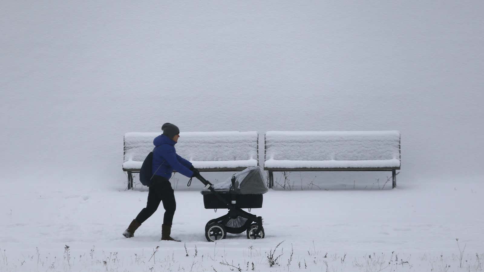 A person pushes a pushchair along a snow coverd bank of the Spree river after heavy snowfall in Berlin, Germany, January 6, 2016. REUTERS/Pawel Kopczynski…
