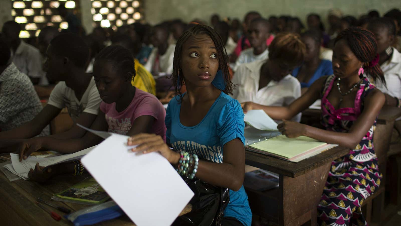 Students attend class at the Technical College of Bangui.