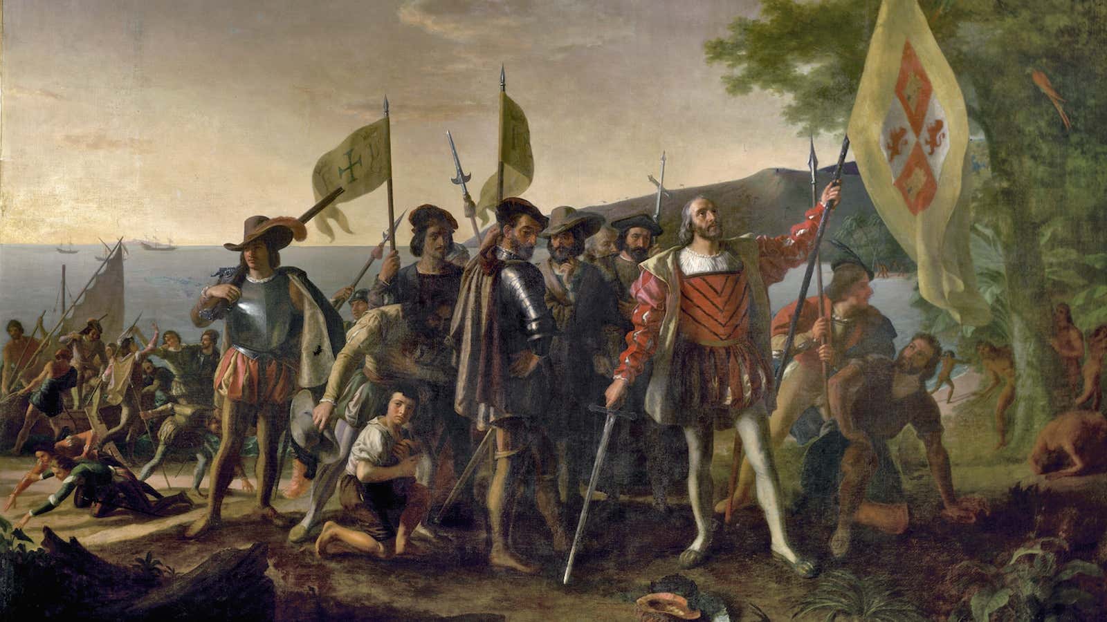 Christopher Columbus arrives on the San Salvador peninsula, Bahamas, 1492.