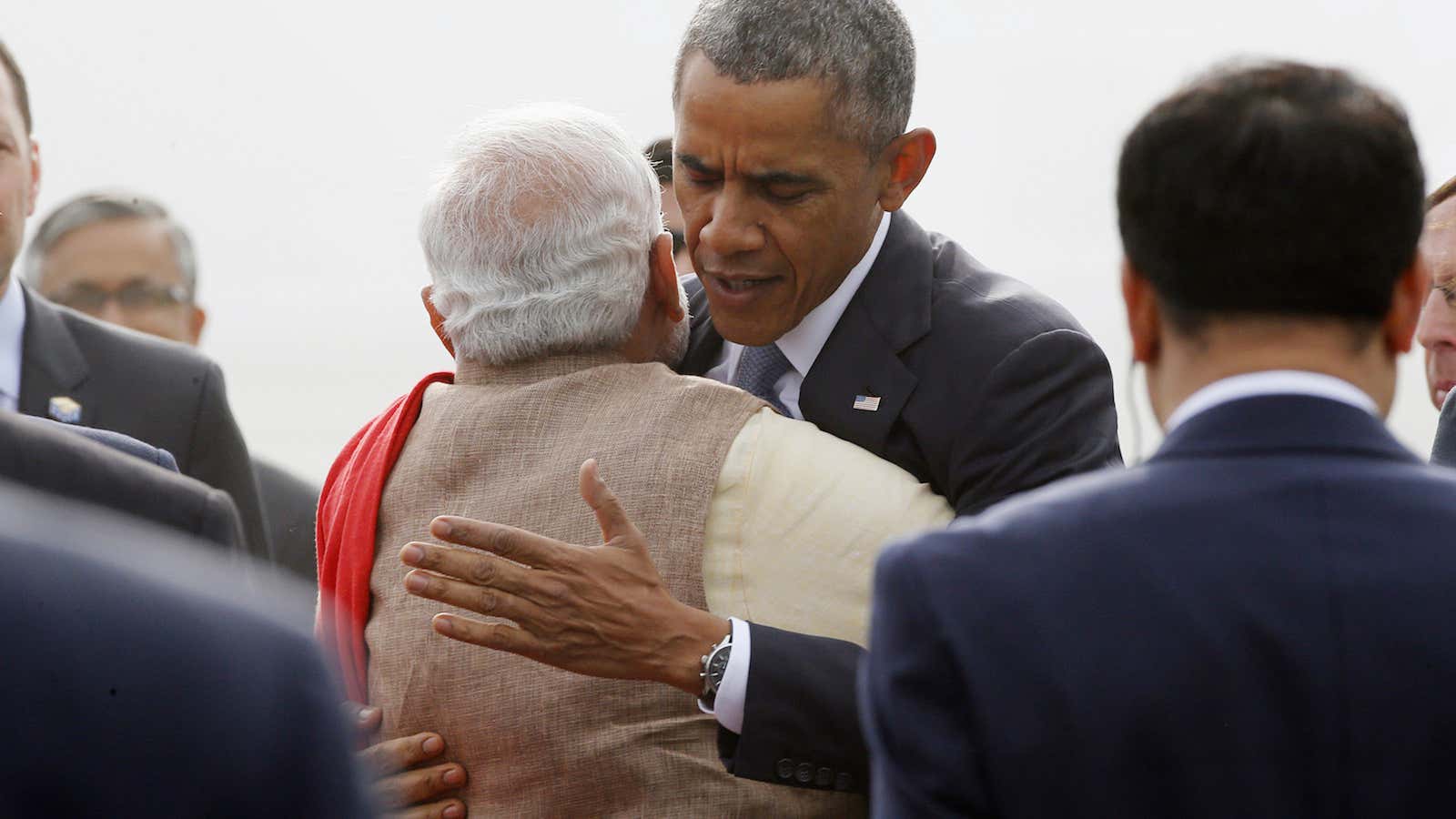 US president Barack Obama hugs India’s Prime Minister Narendra Modi as he arrives at Air Force Station Palam in New Delhi, Jan. 25, 2015.