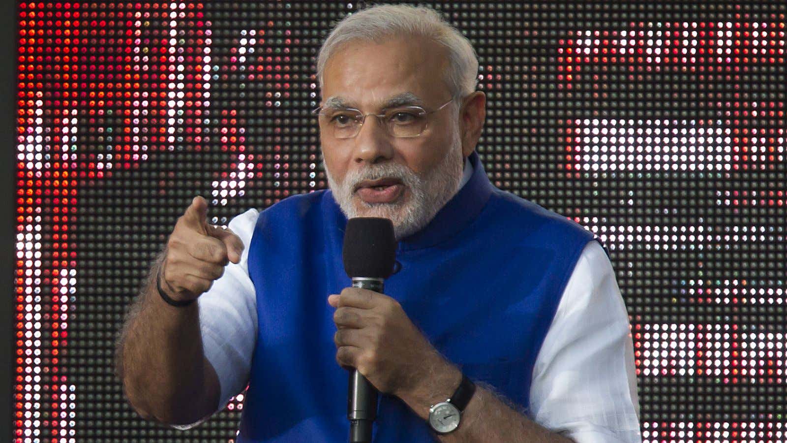 India’s Prime Minster Narendra Modi speaks on stage during the Global Citizen Festival concert in Central Park in New York