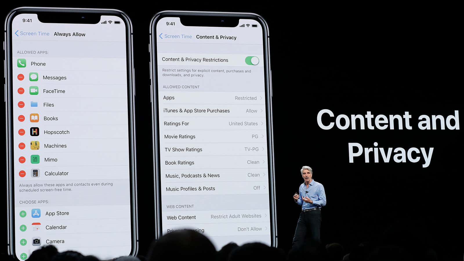 Apple’s Craig Federighi outlining the company’s new privacy tools.