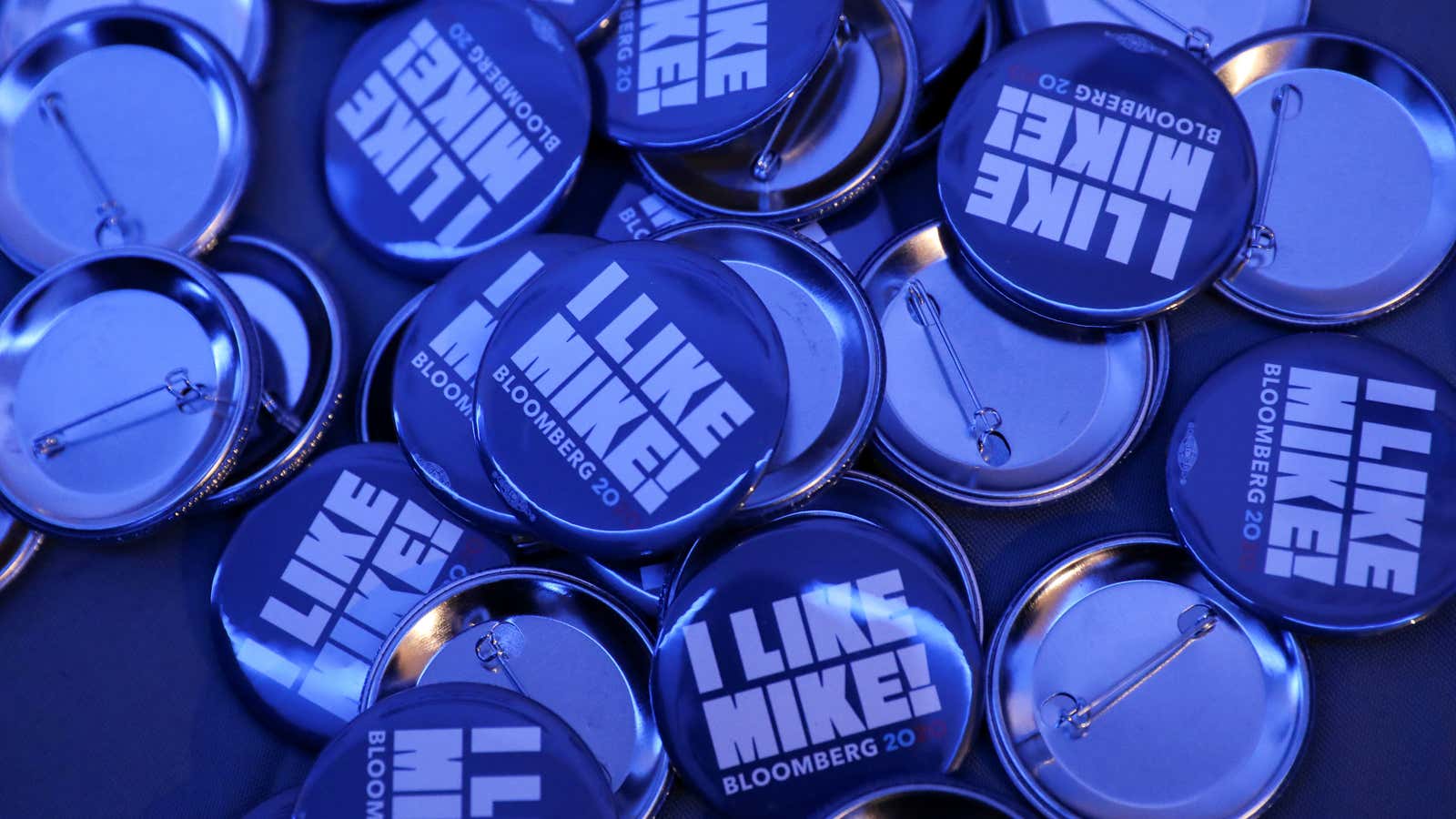 Campaign buttons for Democratic presidential candidate and billionaire Michael Bloomberg.