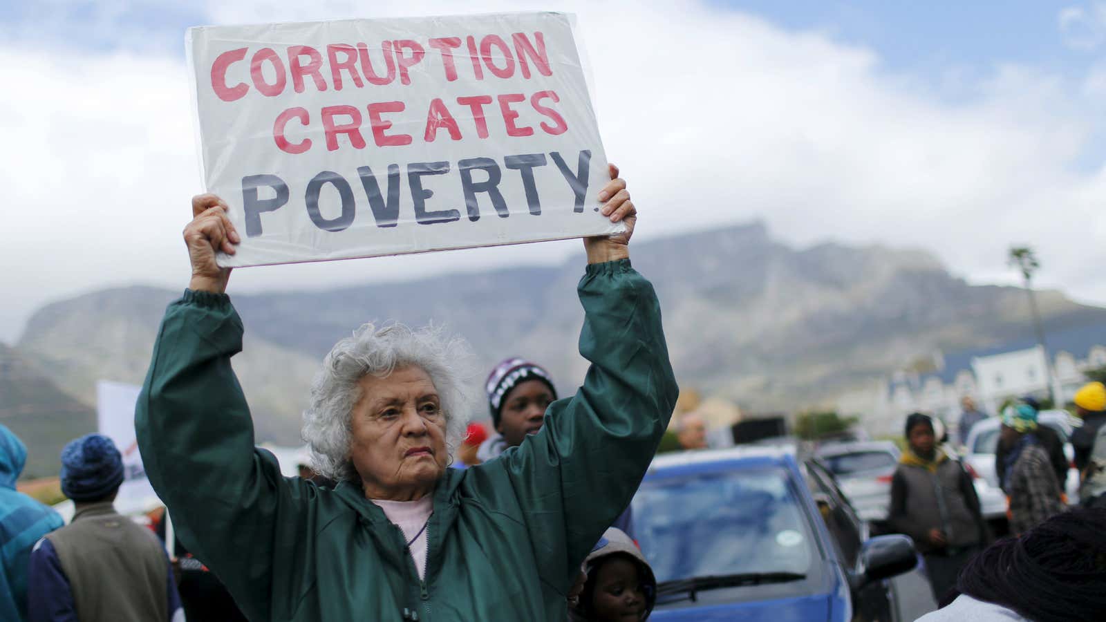 A woman protests in Cape Town.