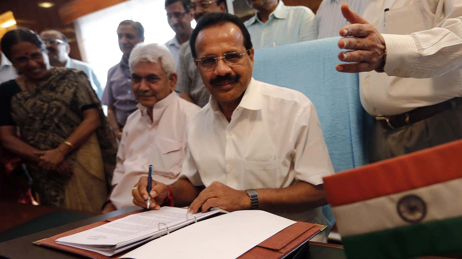 Railway Minister Sadananda Gowda poses after drafting his maiden budget.