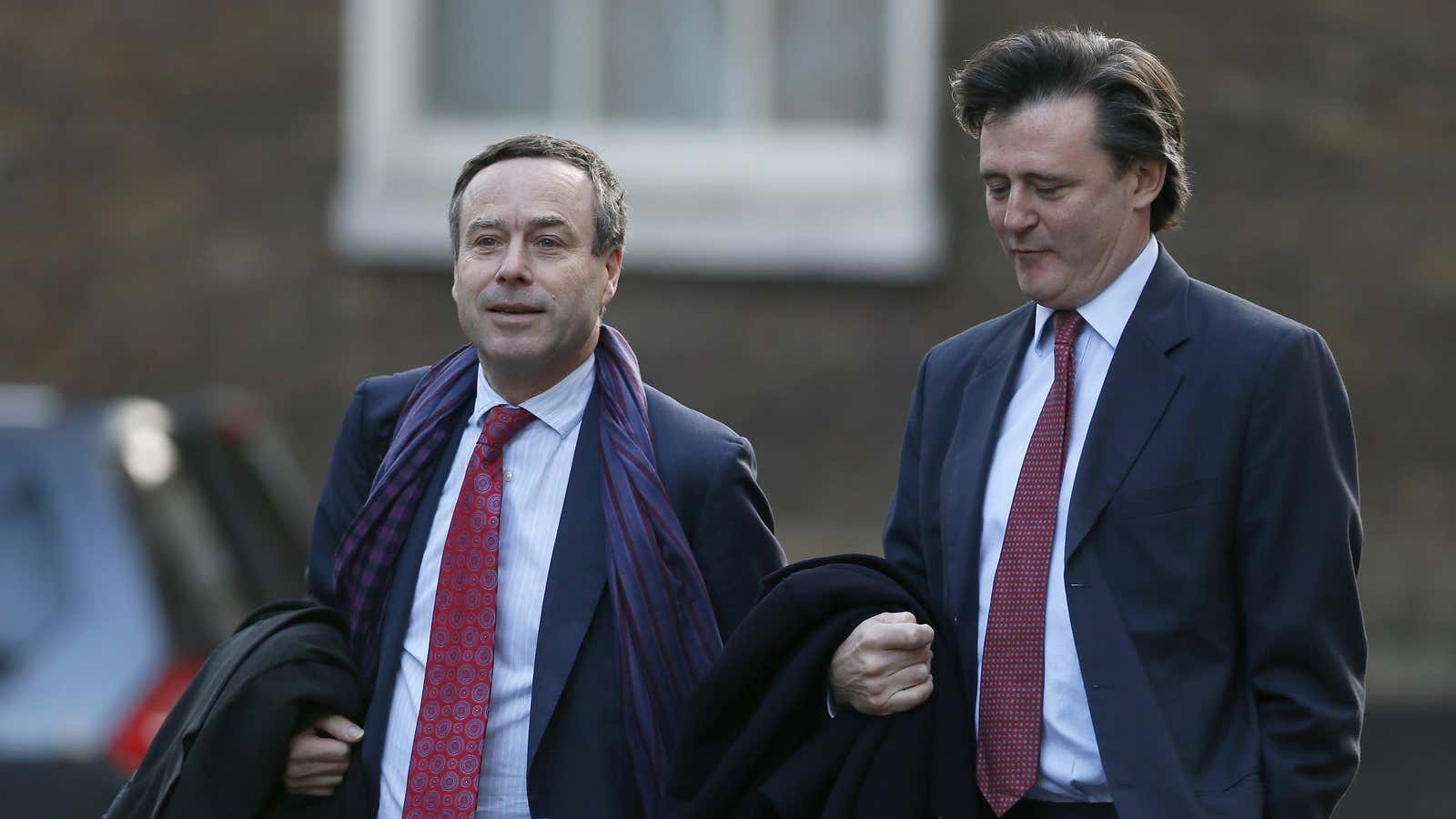 Lionel Barber, left, arrives in Downing Street in London, with John Micklethwaite, now editor-in-chief of Bloomberg News