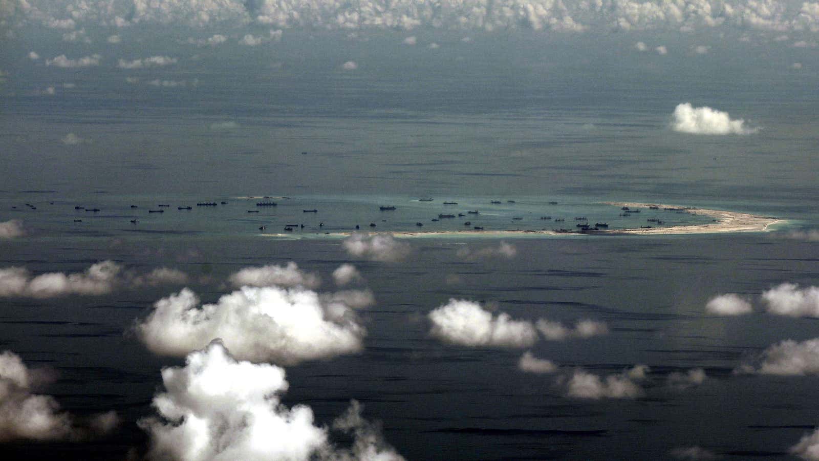 A photo taken from a military plane shows  Mischief Reef, in the Spratly Islands in the South China Sea.
