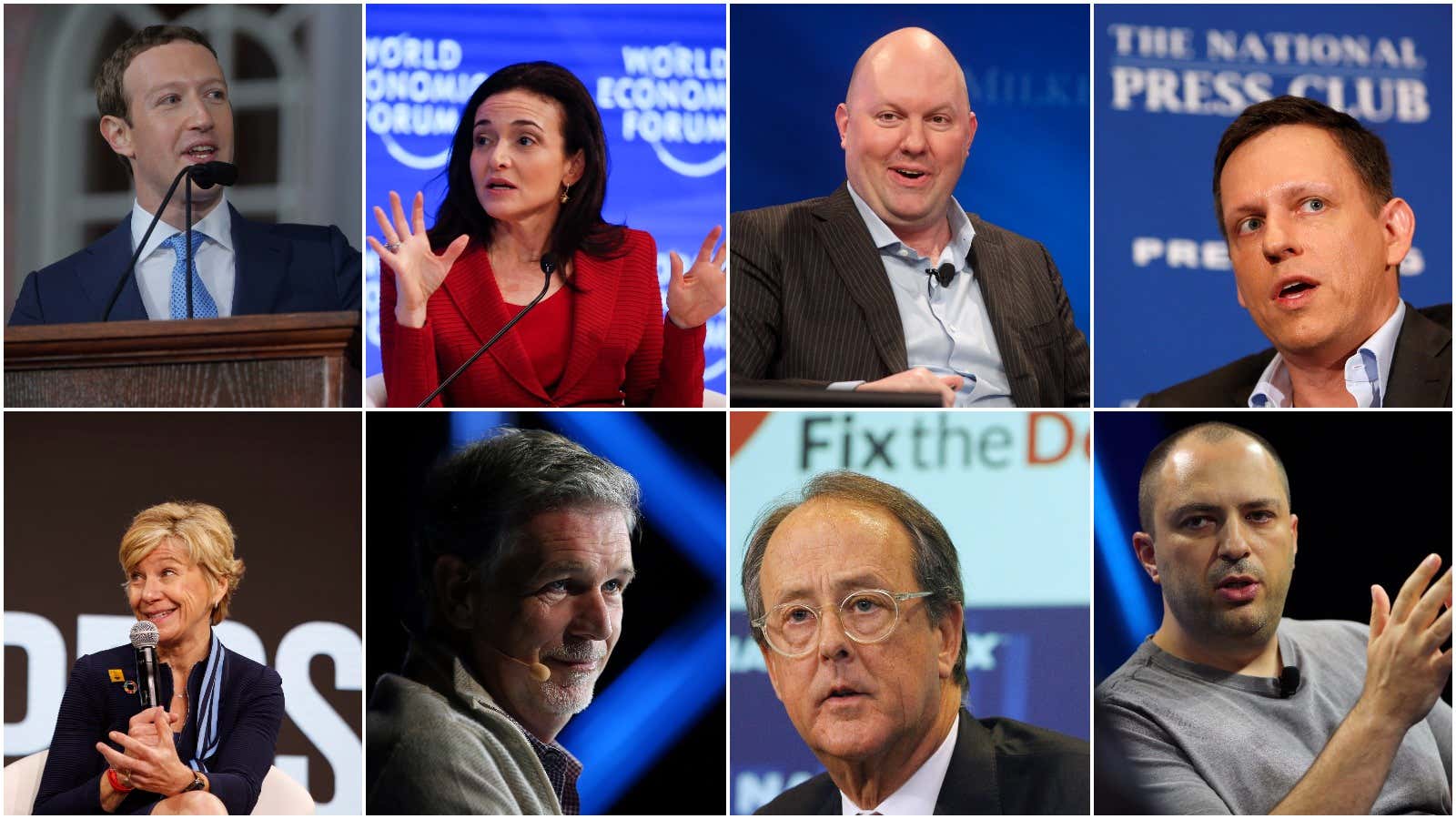 From top left: Zuckerberg, Sandberg, Andreessen, Thiel, Desmond-Hellman, Hastings, Bowles, Koum.