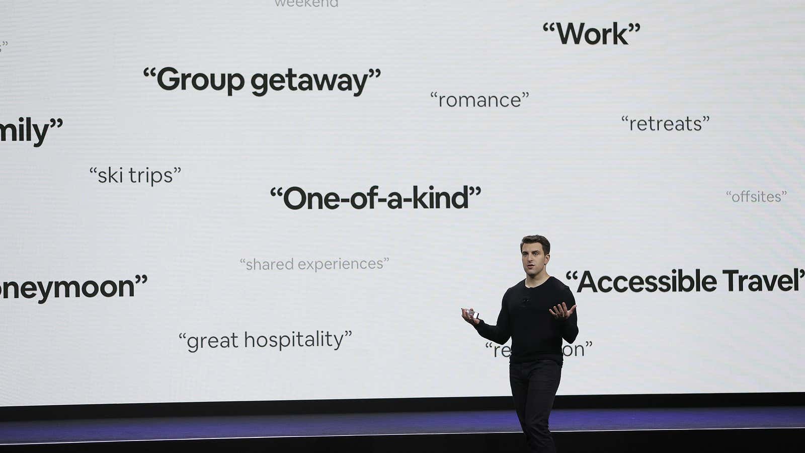Airbnb CEO Brian Chesky delivers a keynote in San Francisco