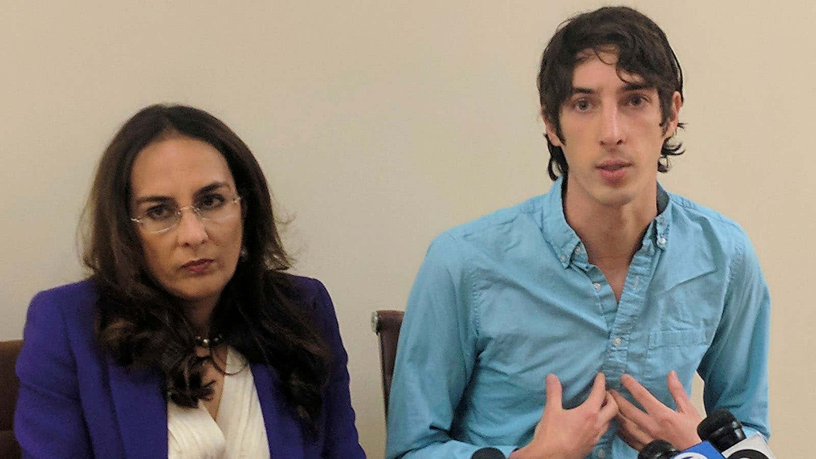 James Damore, right, a former Google engineer fired in 2017 after writing a memo about the biological differences between men and women, speaks at a news conference while his attorney, Harmeet Dhillon, listens, Monday, Jan. 8, 2018, in San Francisco. Damore discussed his lawsuit alleging that Google discriminates against workers with conservative opinions. (AP Photo/Michael Liedtke)