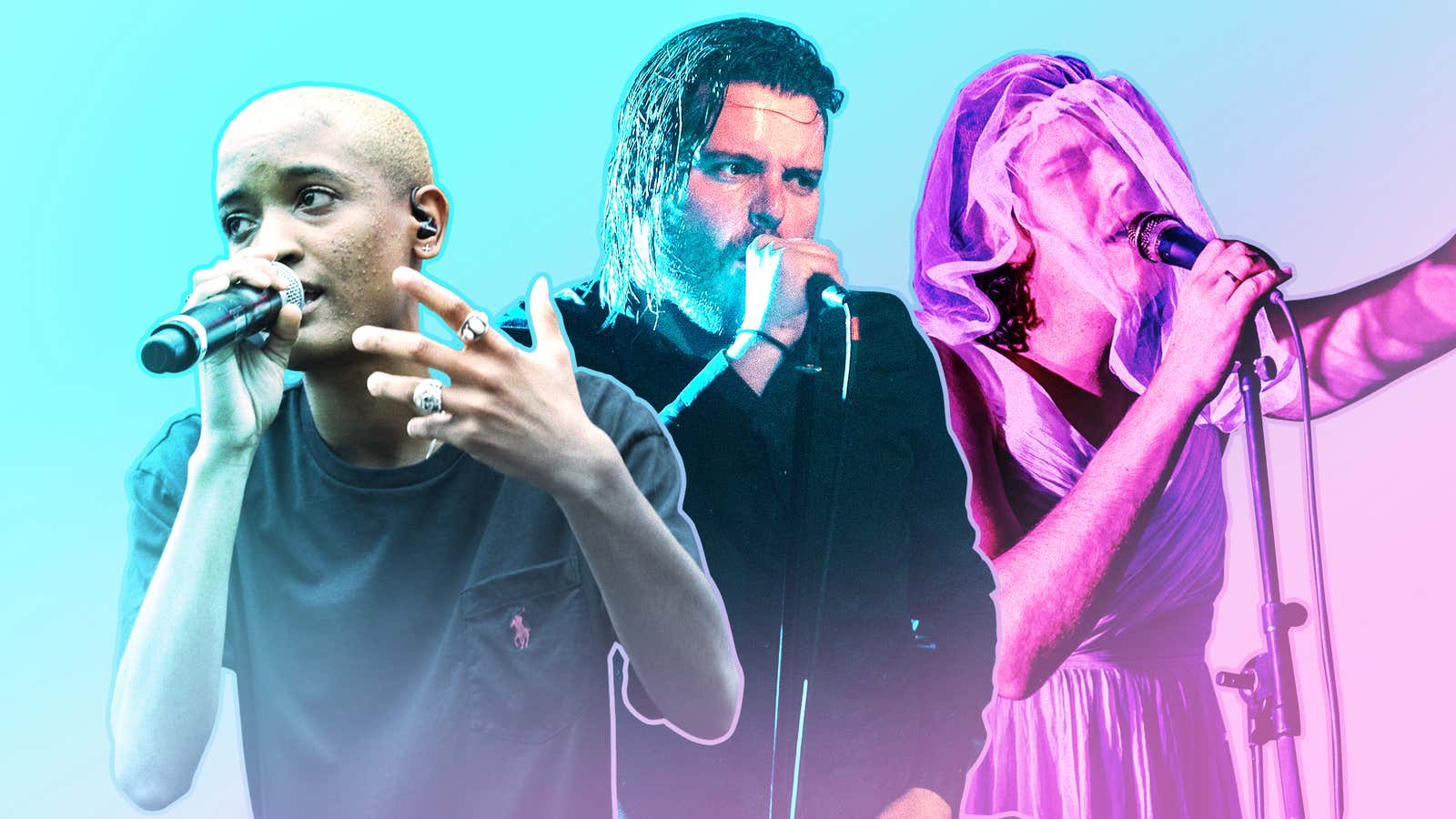 Syd of The Internet (Photo: Paul R. Giunta/Getty Images), George Clarke of Deafheaven (Photo: David A. Smith/Getty Images), and Angus Andrew of Liars (Photo: Andrew Benge/Redferns via Getty Images). Graphic: Natalie Peeples