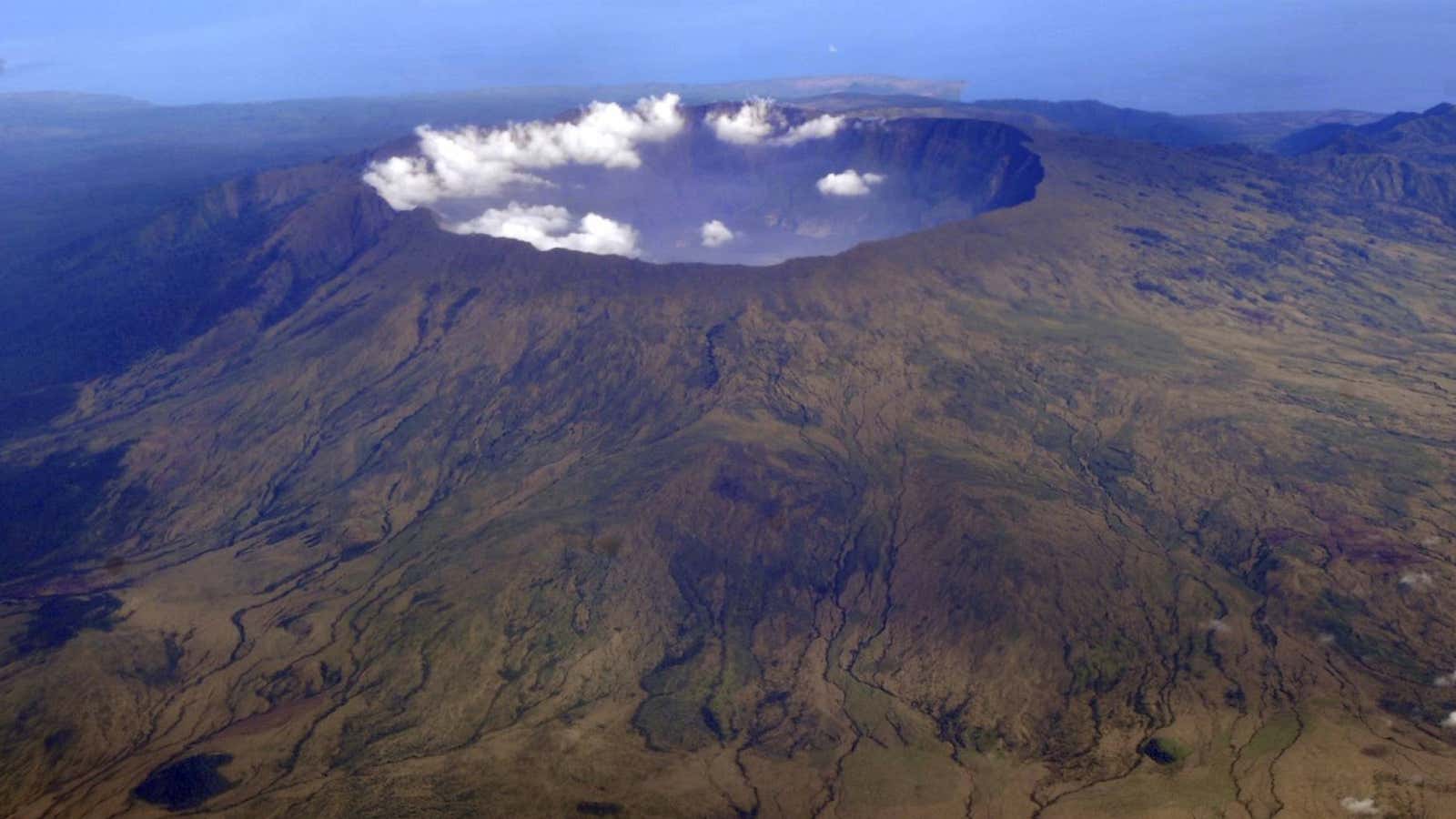 The 7-mile-wide crater left on top of Mount Tambora in Indonesia after its volcanic eruption in 1815.