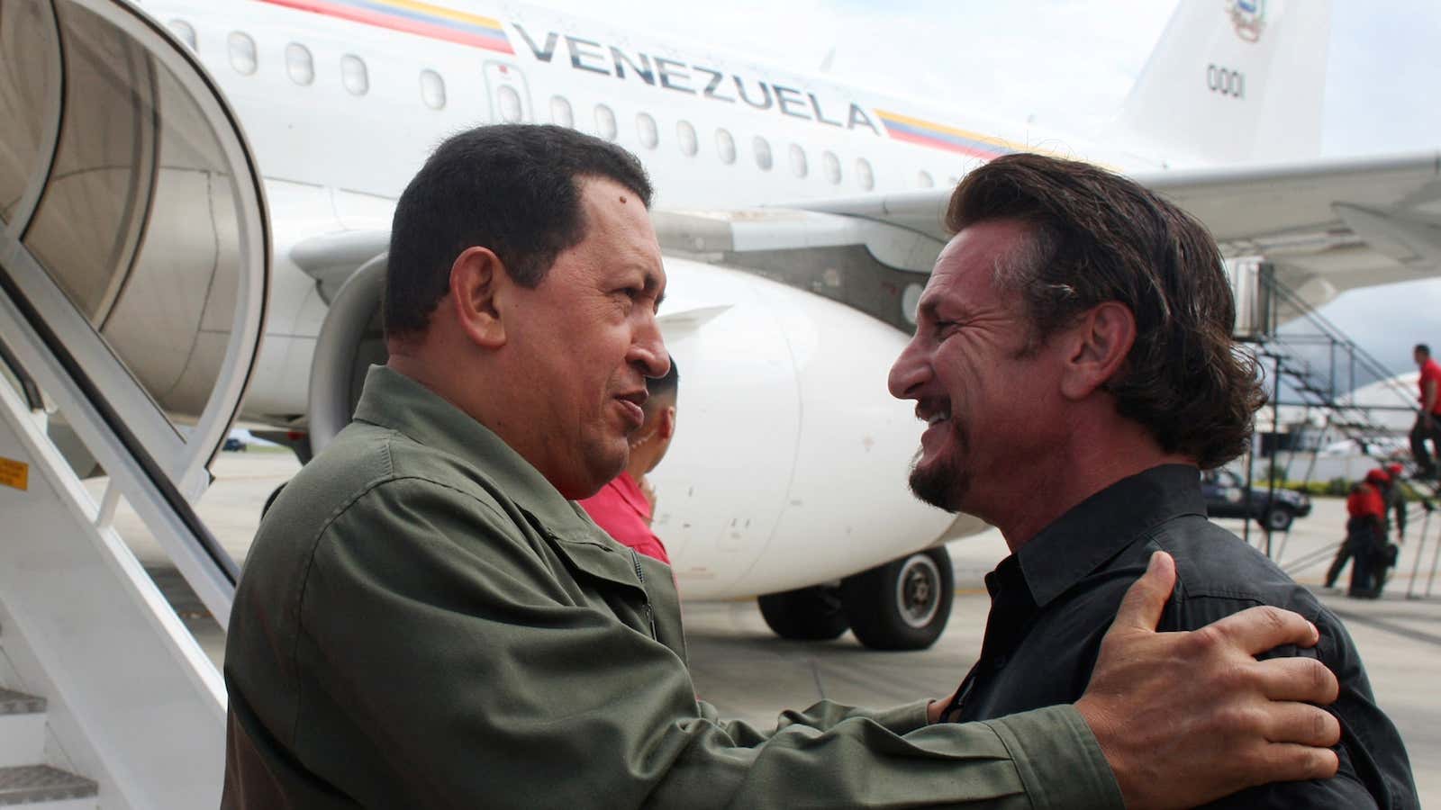 Sean Penn embraces Venezuela’s recently deceased former dictator, Hugo Chávez, near Caracas in 2008.