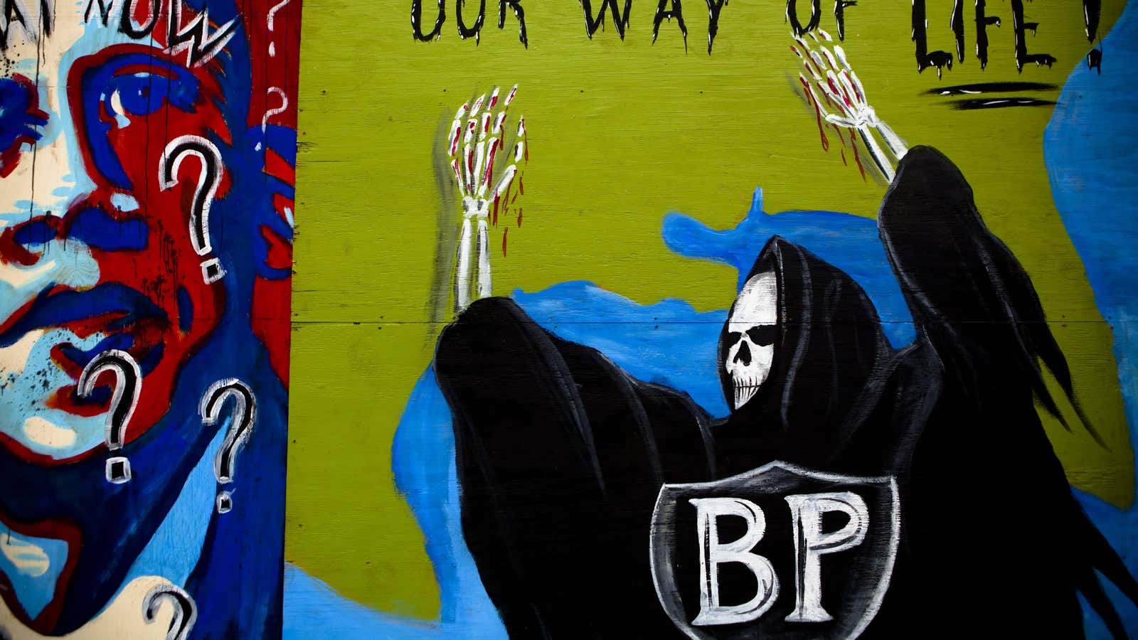 A mural in the Louisiana area near the Deepwater Horizon disaster and the British Petroleum oil spill off the Gulf Coast in July 2010.