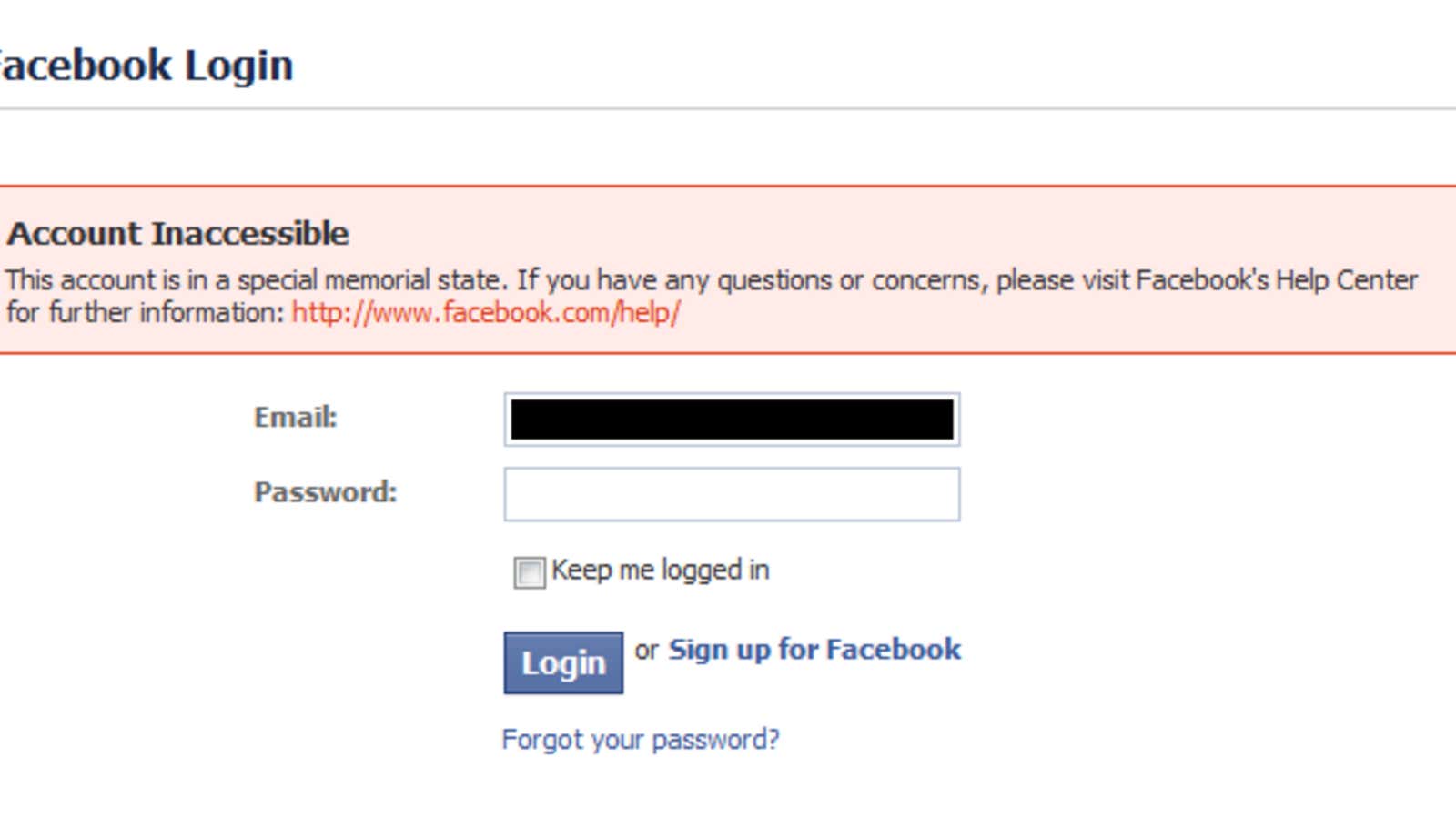 Example of a login attempt on a memorialized Facebook account