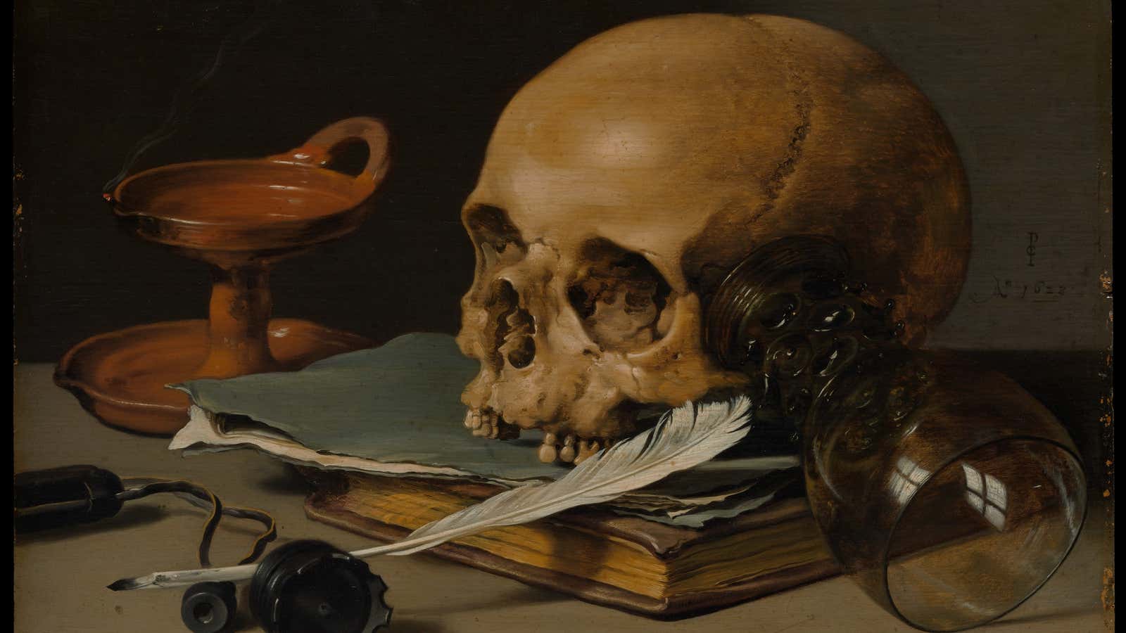 “Still Life with a Skull and a Writing Quill” (1628),
Pieter Claesz
