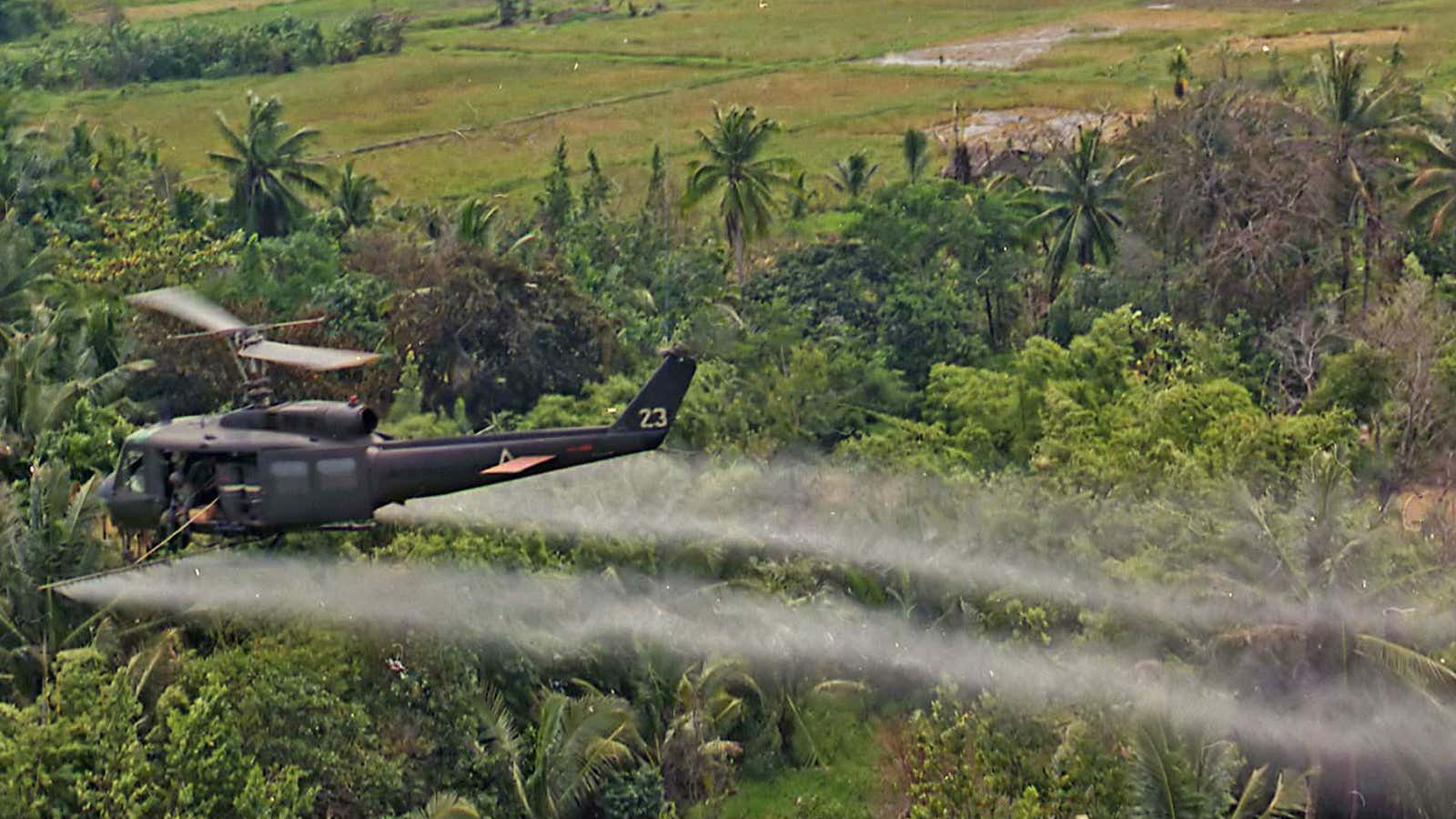 An American helicopter sprays Agent Orange, a chemical that still lingers in Vietnam’s soil