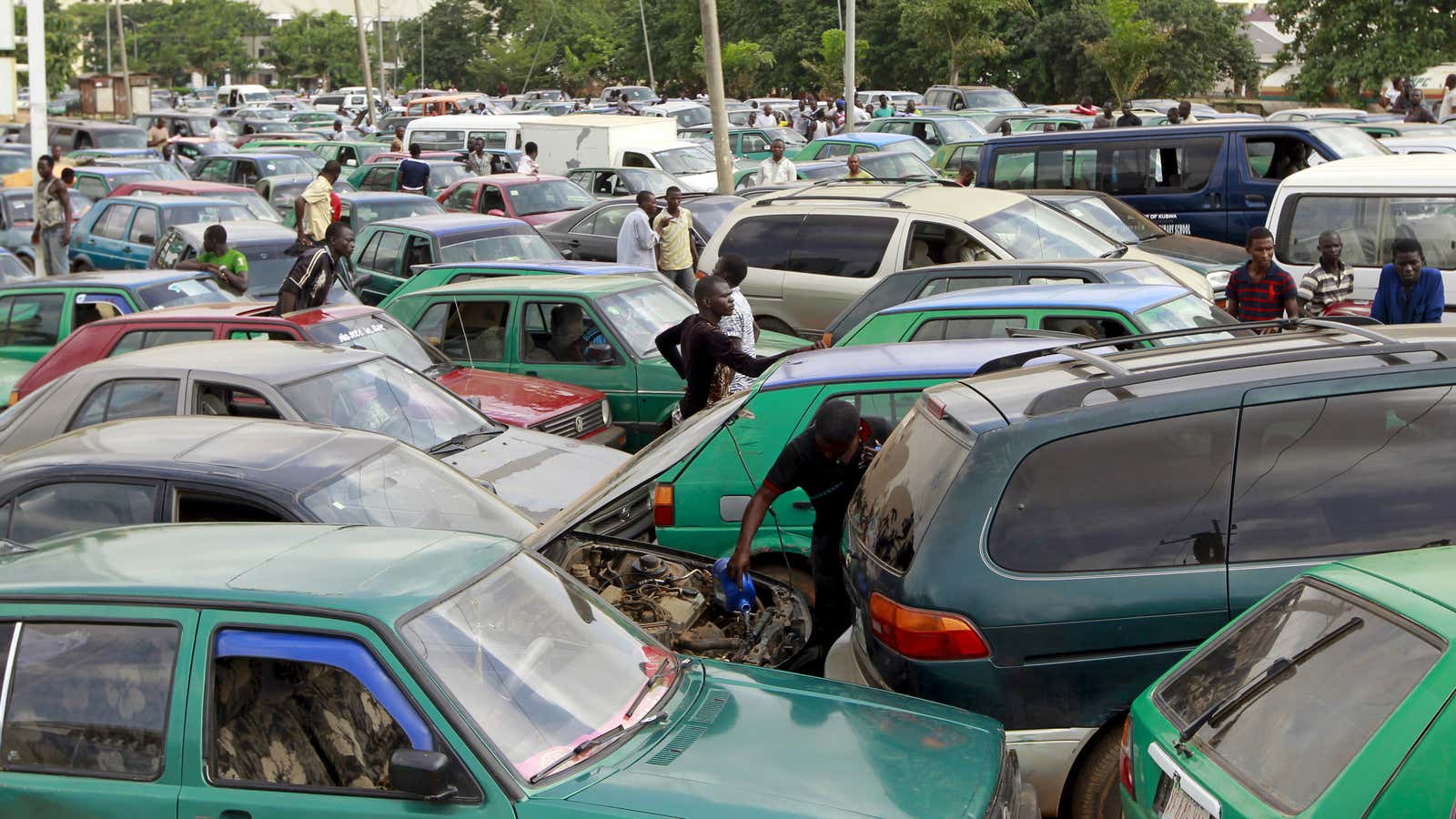 Traffic jam at a petrol station in Abuja, Nigeria