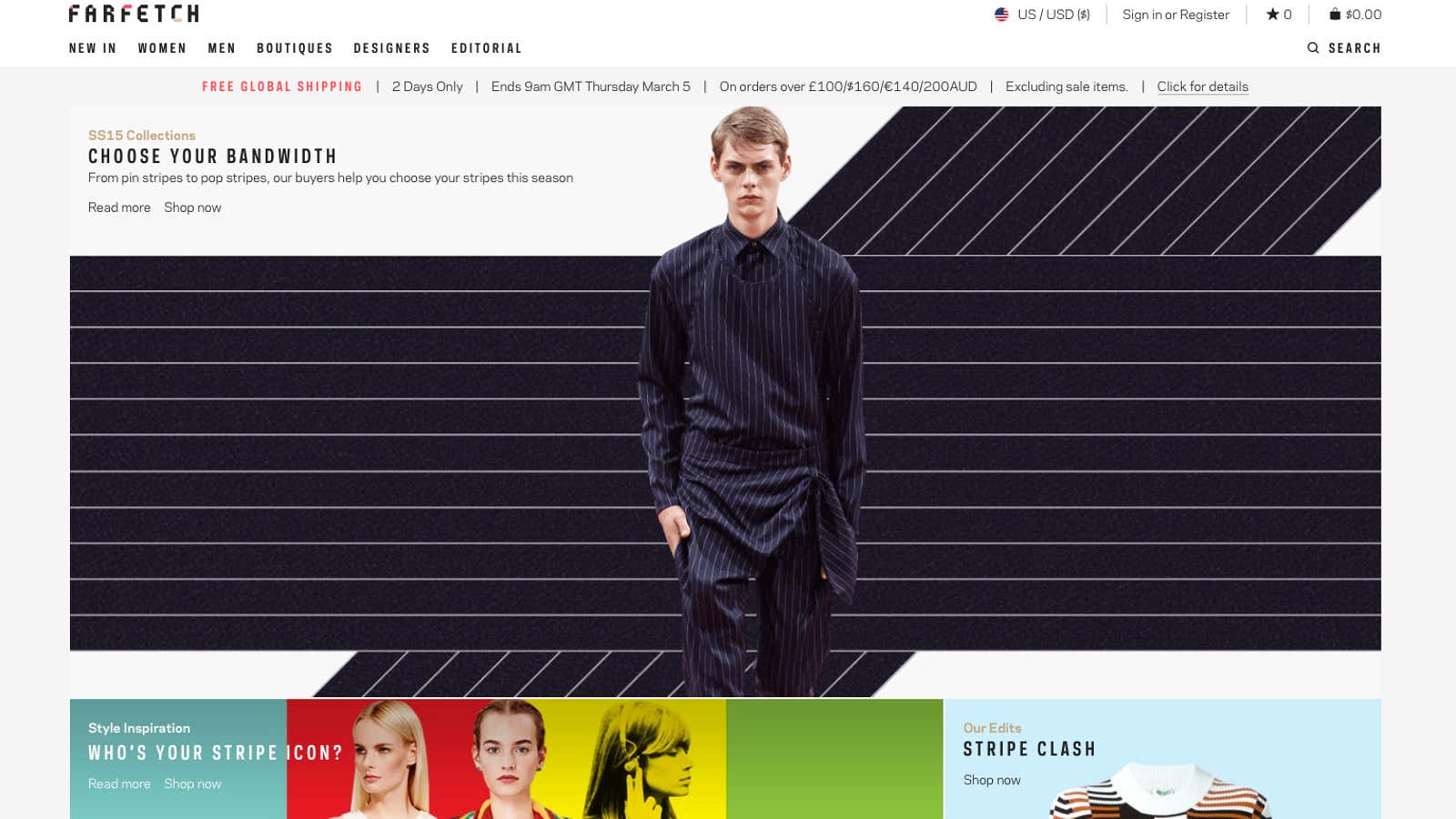 Farfetch lets users shop a global network of brick-and-mortar stores.