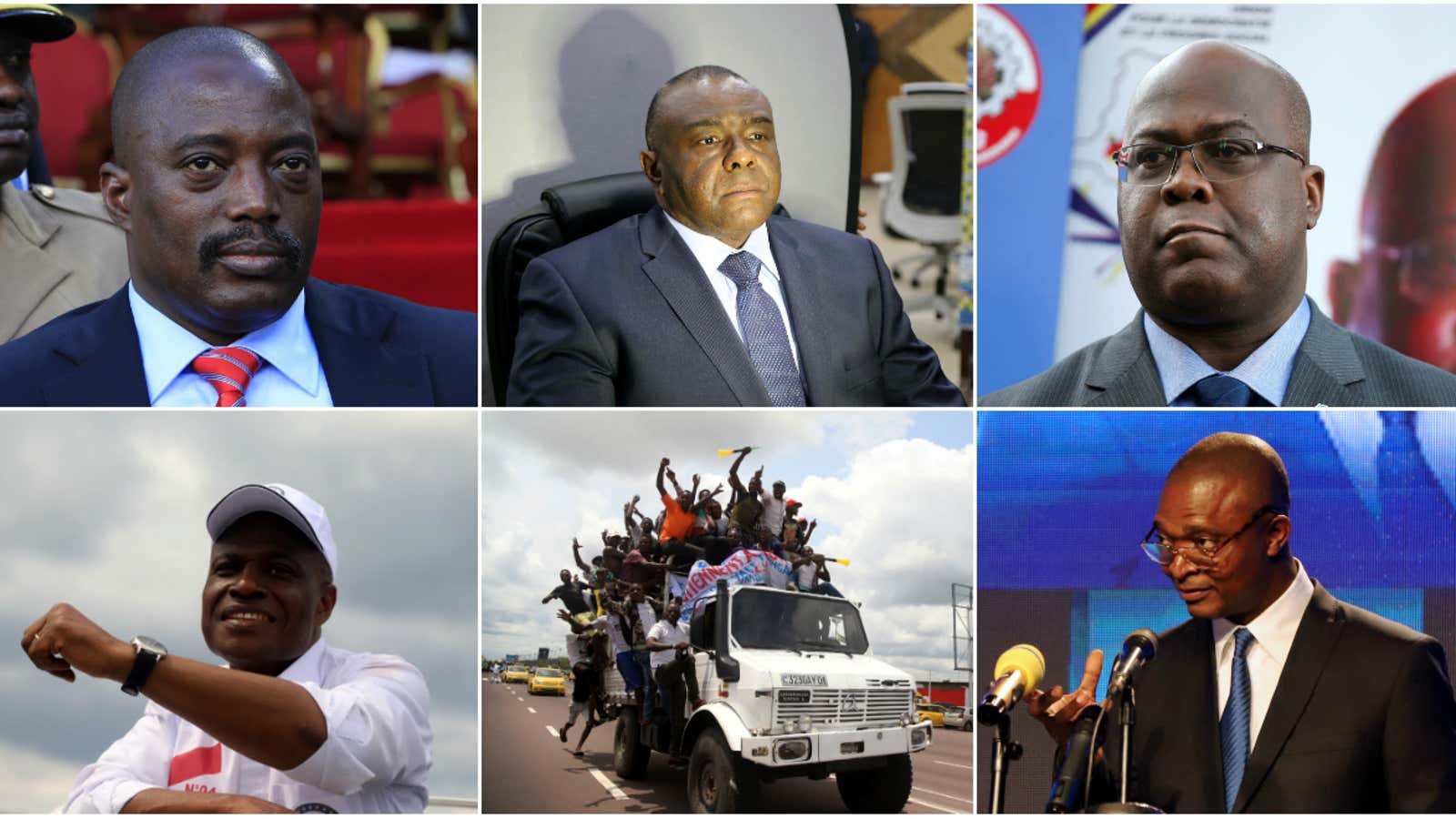 Top L-R: president Joseph Kabila; Jean-Pierre Bemba, Felix Tshisekedi,opposition.
Bottom L-R: Martin Fayulu; Supporters; ruling party candidate, Emmanuel Ramazani Shadary