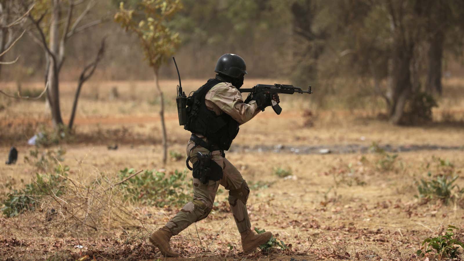 A soldier from Burkina Faso in a simulated raid during US sponsored exercises in Ouagadougou, Burkina Faso in 2019