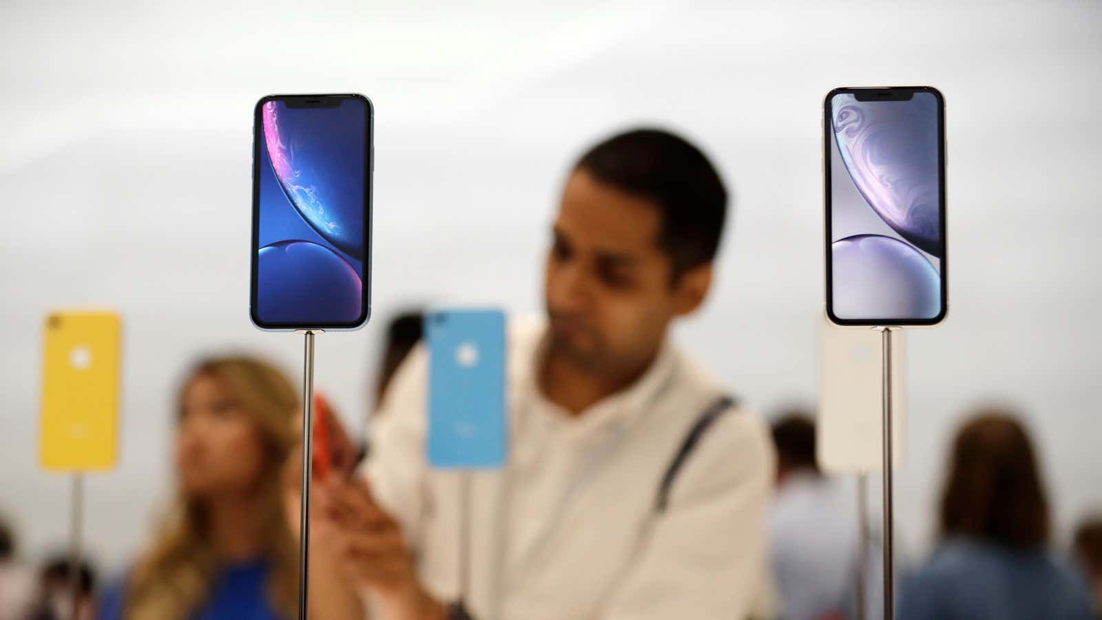 Apple’s newest phones on display in California.