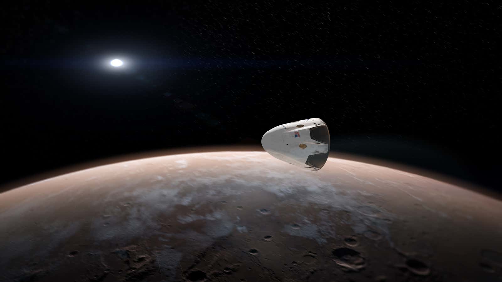 A rendering of the unmanned Dragon spacecraft near Mars.