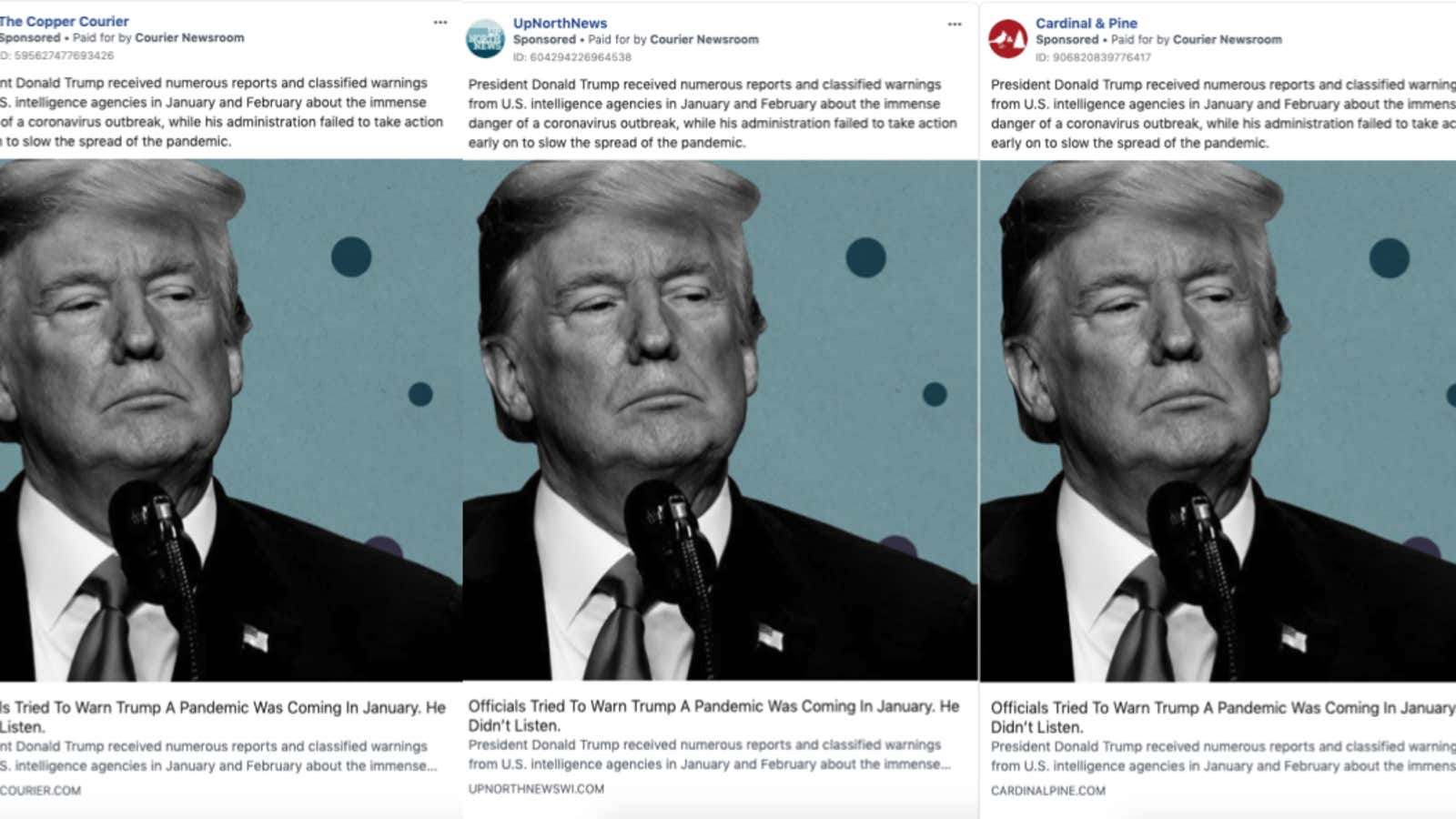 identical story posted on all five local Courier sites slams Trump — and is backed by more than $40,000 in Facebook ads.