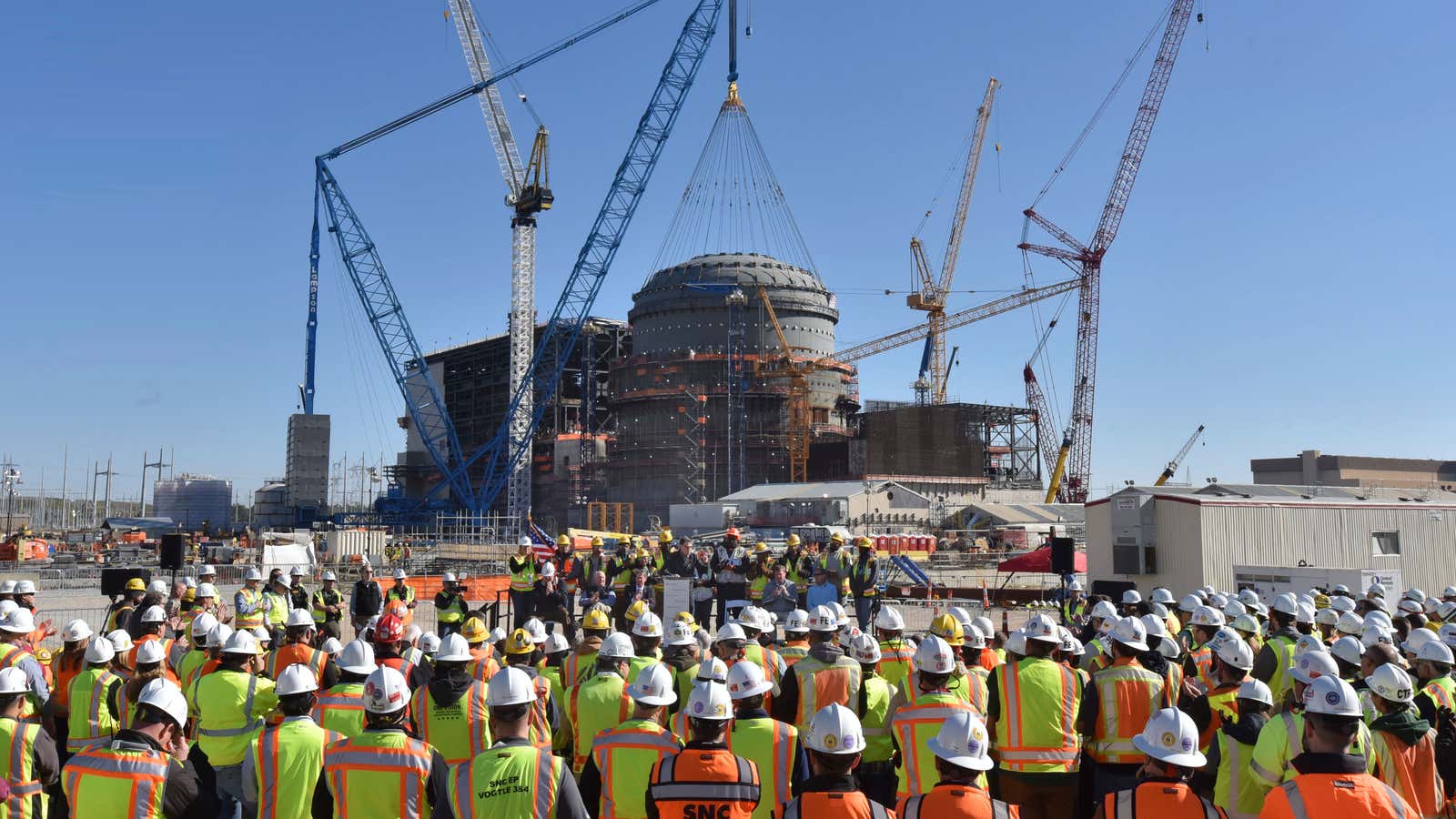 Then-Energy Secretary Rick Perry speaks at the construction site of the Vogtle nuclear plant in Waynesboro, Georgia. Georgia Power has come under fire for its mishandling of the Vogtle project, which is currently billions of dollars over its original budget and severely behind schedule. 