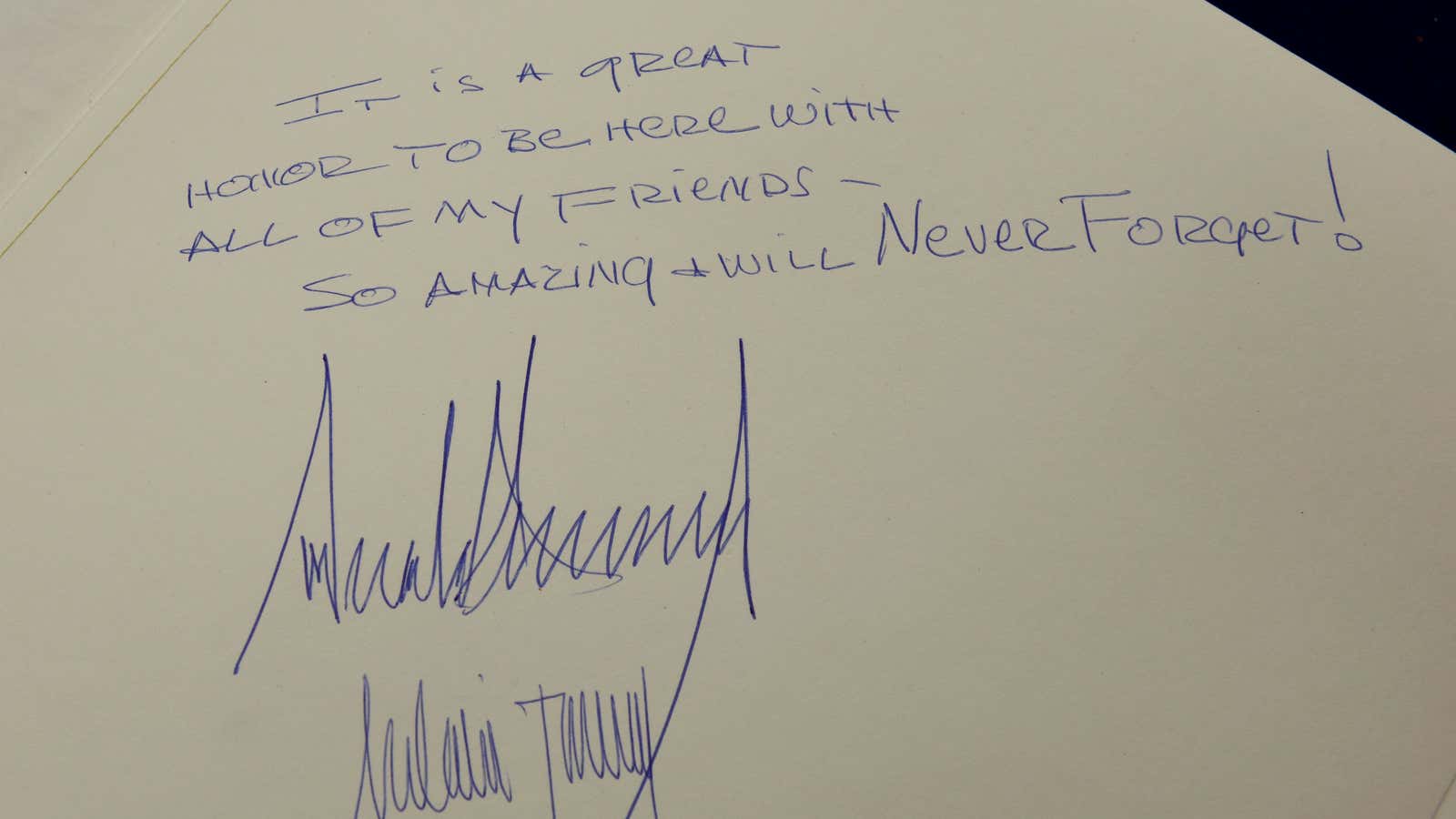 The message written in the Yad Vashem Holocaust Museum guestbook by U.S. President Donald Trump and his wife Melania, in Jerusalem, Israel, Tuesday, May 23, 2017.