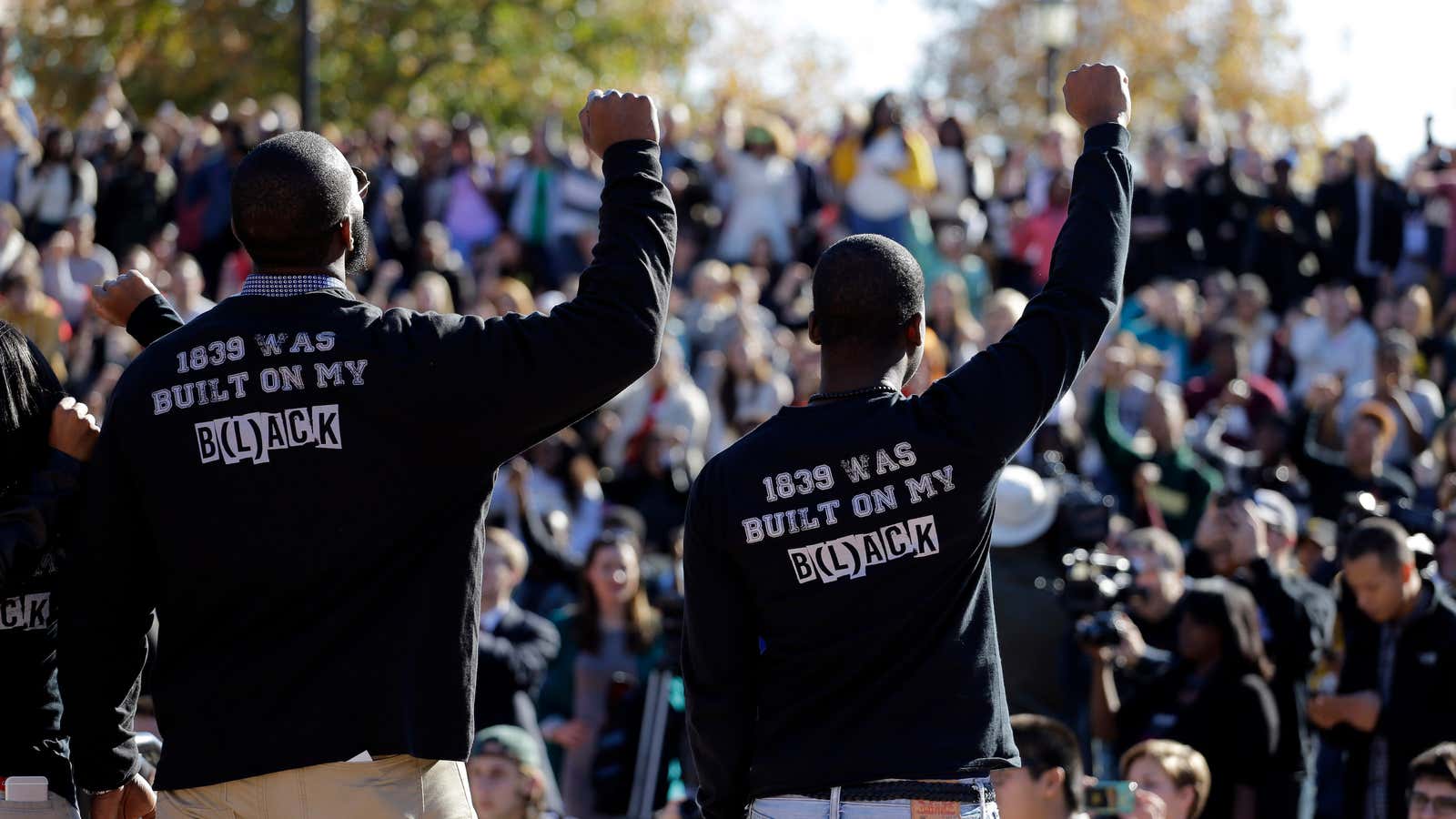 The “1839” on the shirts of these students demonstrators at the University of Missouri is a reference to slave labor in the school’s founding year.