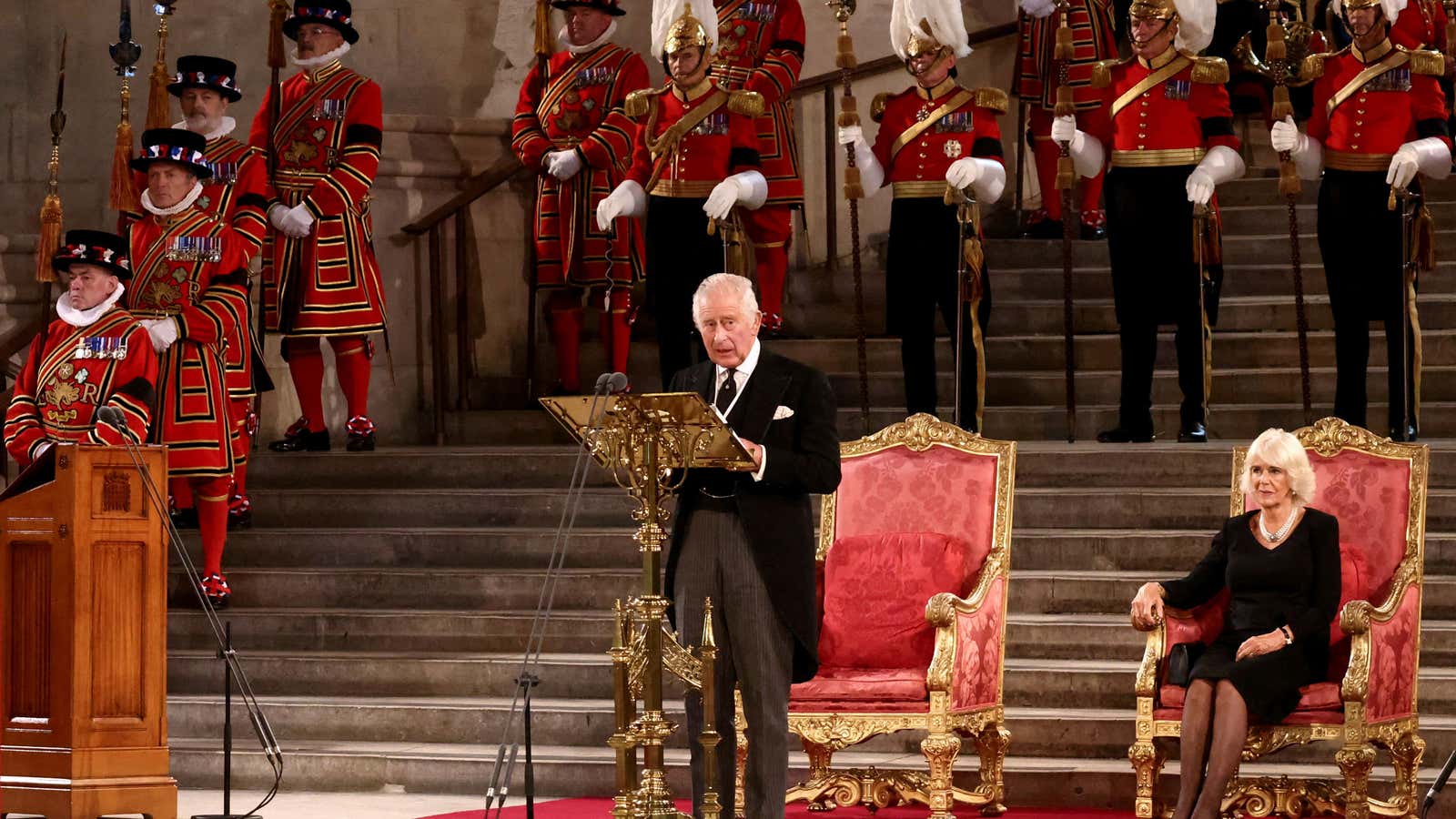 Britain&#39;s King Charles III attends the presentation of Addresses by both Houses of Parliament in Westminster Hall, Palace of Westminster, London on September 12, 2022.