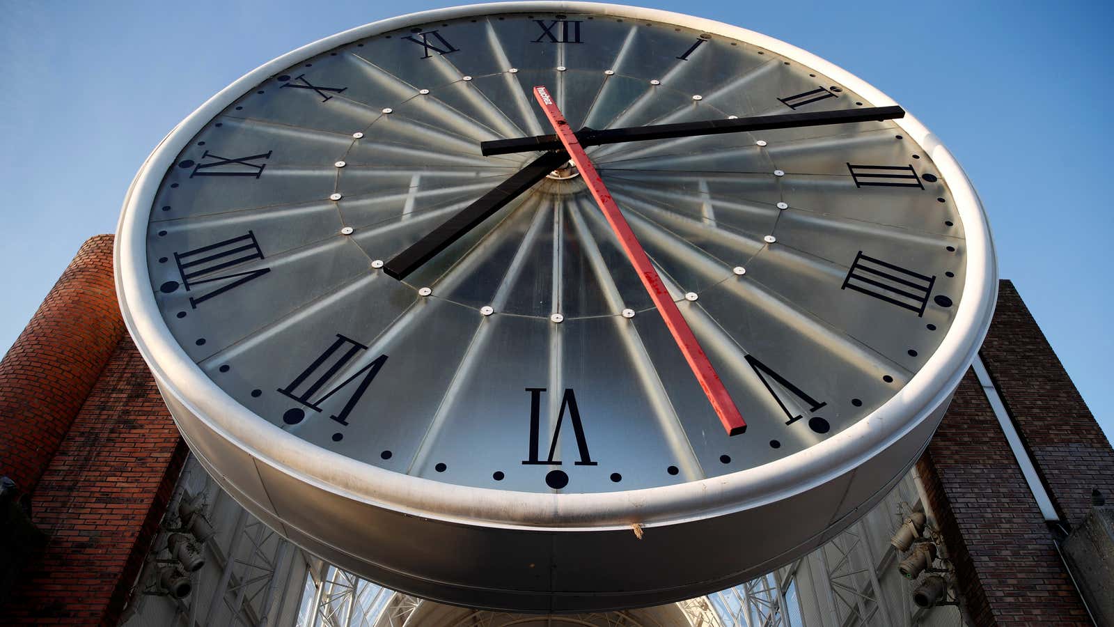 A giant clock is seen over the entrance of Cergy-Saint-Christophe railway station in Cergy, near Paris, France.