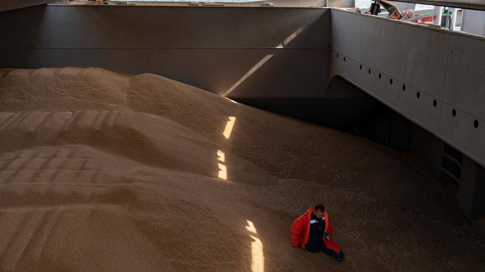 A crew member prepares a grain analysis onboard the Barbados-flagged ship &quot;Nord Vind&quot; coming from Ukraine, loaded with grain and anchored in Istanbul, on October 11, 2022.