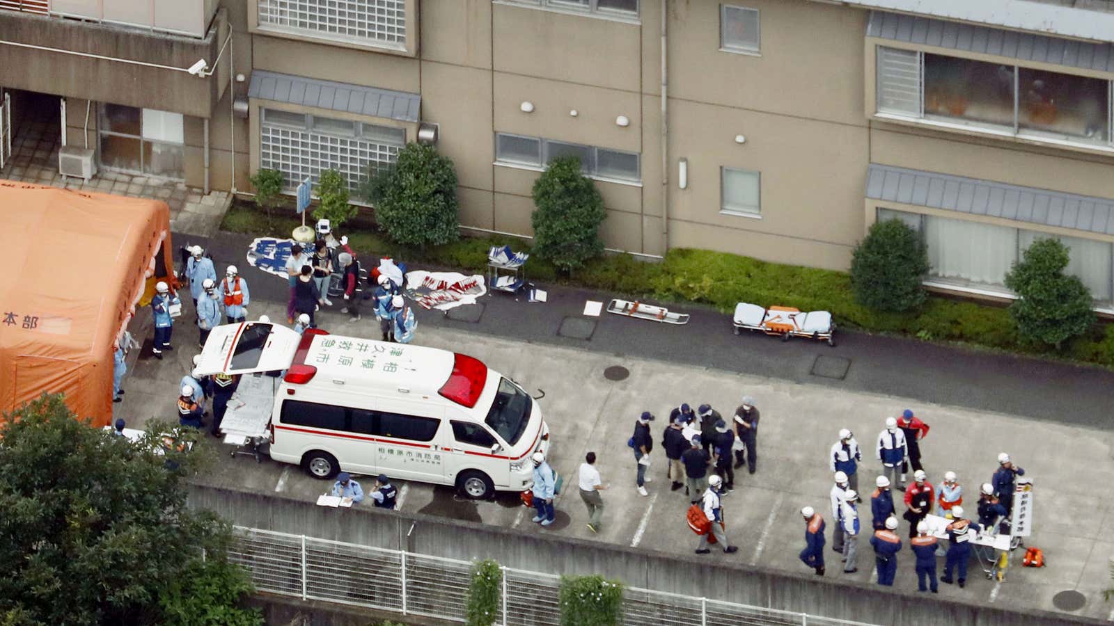 Outside the facilities where the crime took place in Sagamihara.