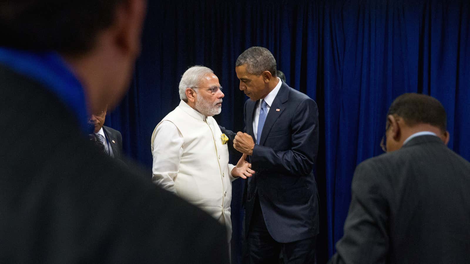 Barack Obama and Narendra Modi speak at United Nations headquarters in New York.