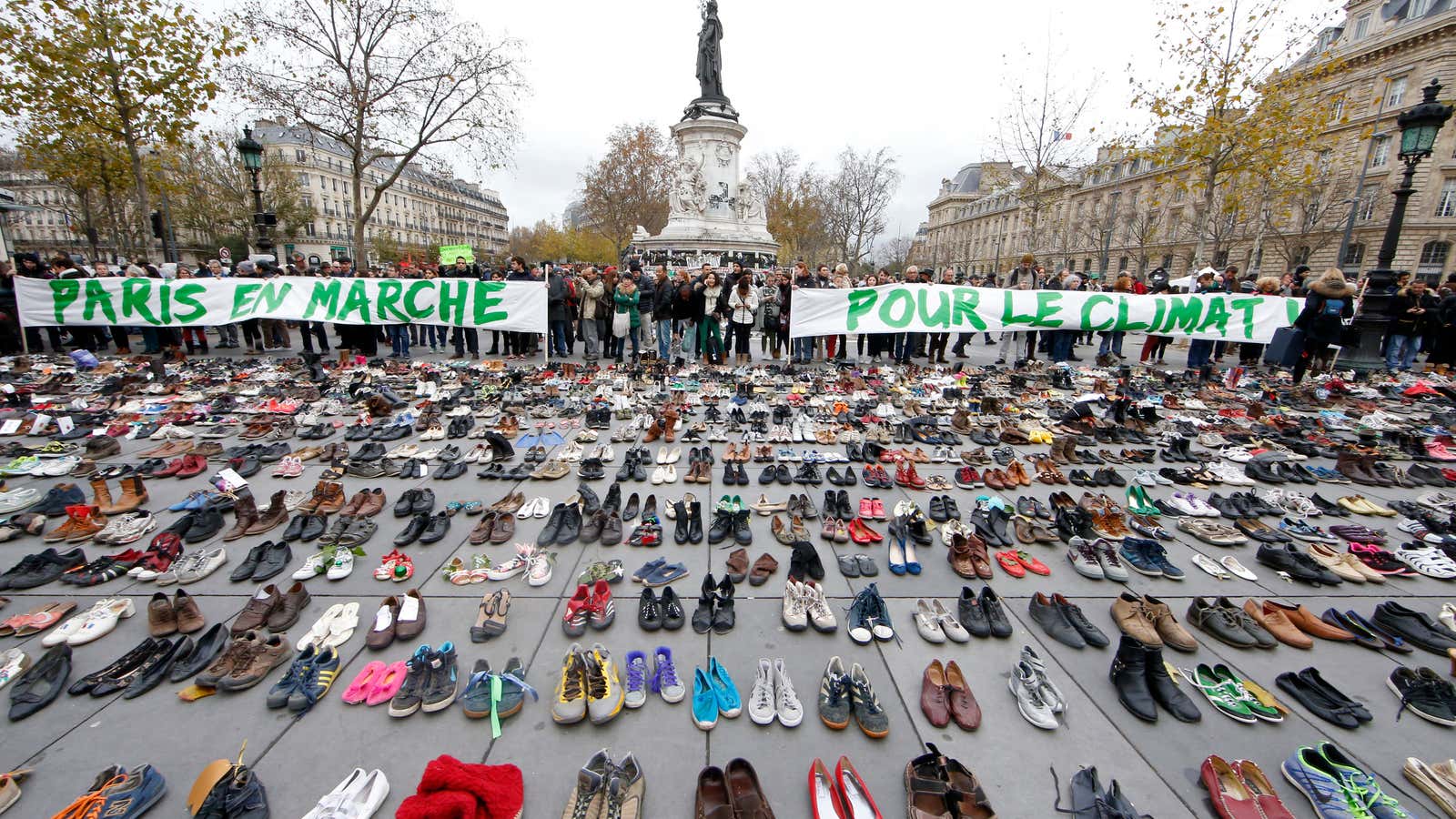 Shoes are symbolically placed on Place de la Republique in Paris after the cancellation of a planned climate march following shootings in the French capital