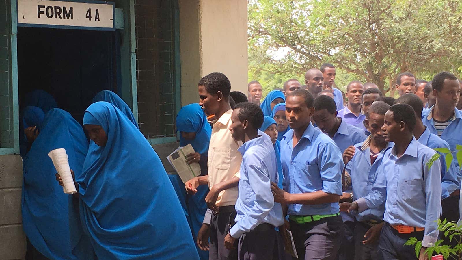 Somali students return to their classroom at the Dadaab refugee camp in Kenya.