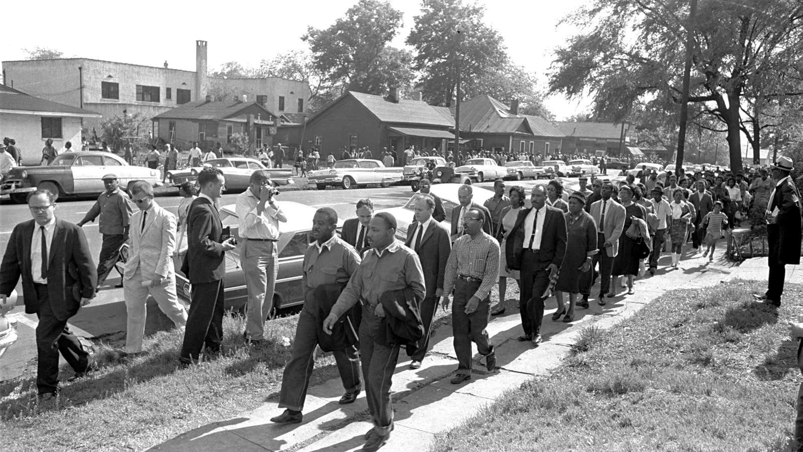 Rev. Ralph Abernathy, left, and Rev. Martin Luther King Jr. lead the march to Birmingham, Alabama’s city hall, which led to his arrest, on April 12, 1963.