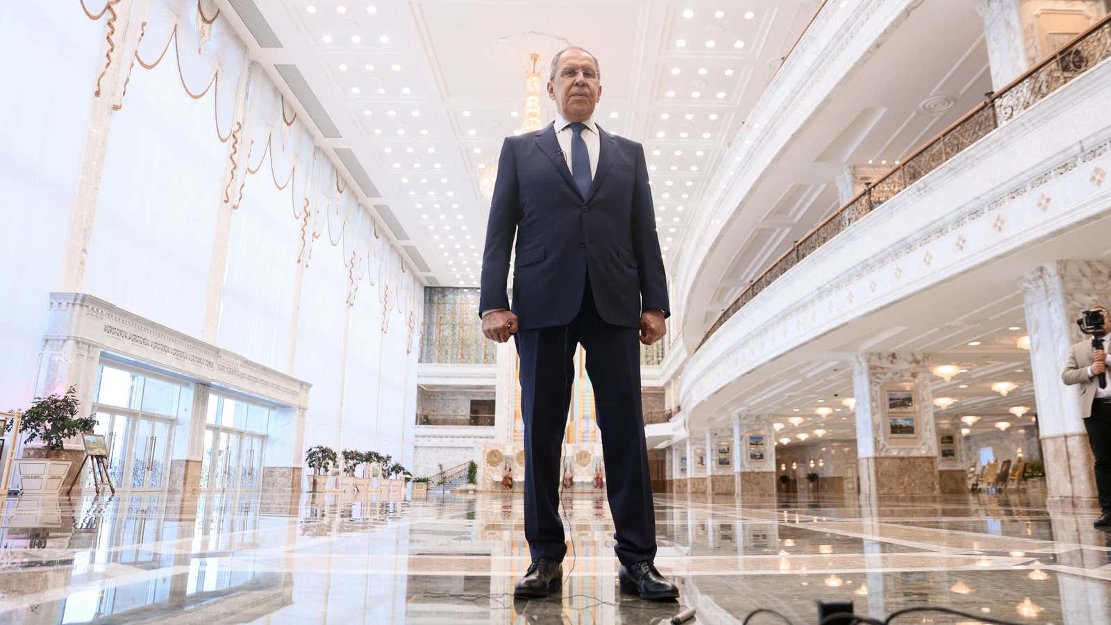 Russian Foreign Minister Sergey Lavrov speaks to the media during his visit to Minsk.