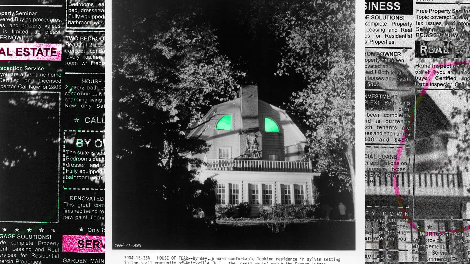 Center image: The Amityville Horror, 1979 (Photo: Twentieth Century Fox Film Corporation/Getty Images); background images: Devonyu (iStock / Getty Images Plus)