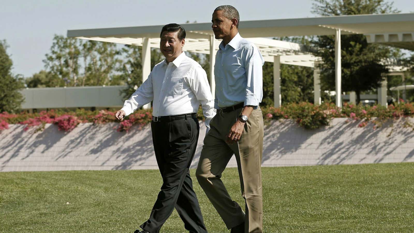 Chinese president Xi Jinping (left) meeting US president Barack Obama in  California in 2013.