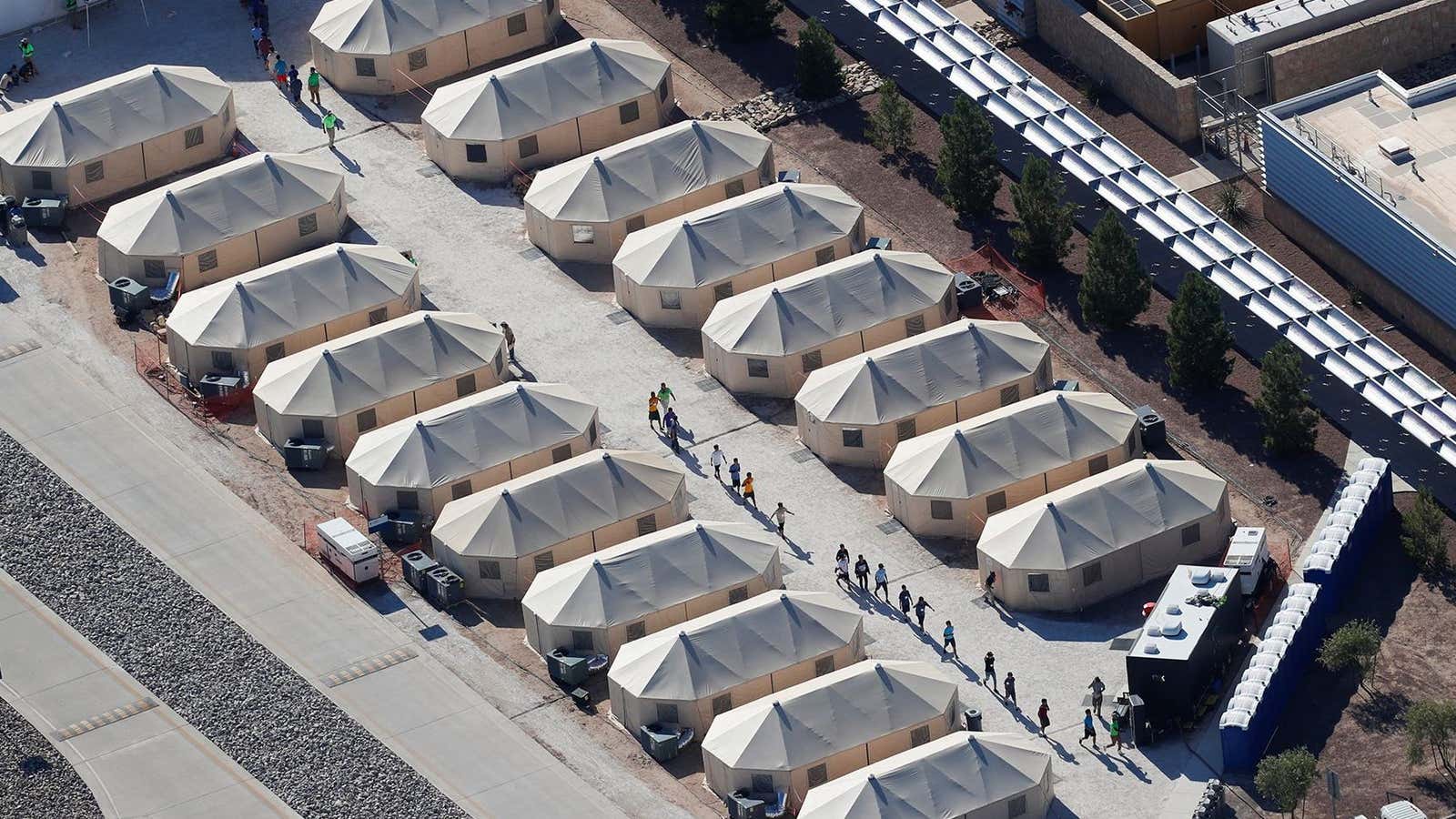 An aerial photo of immigrant children at a recently opened facility in Tornillo, Texas.