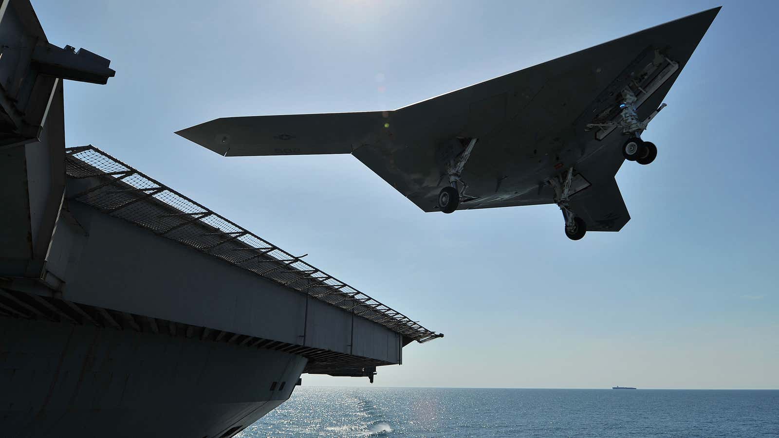 A naval Unmanned Carrier Launched Surveillance and Strike aircraft (UCLASS) takes off.